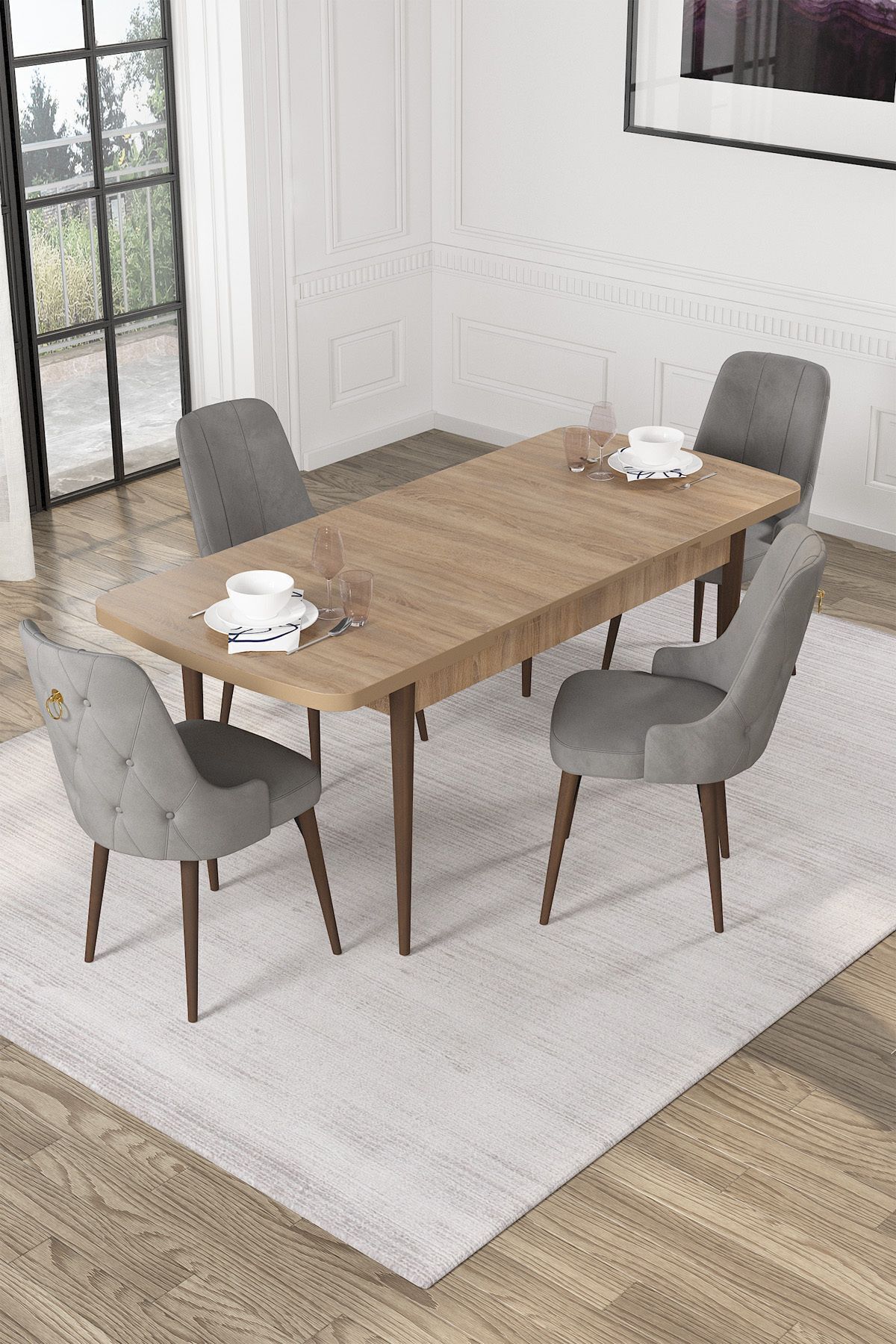 Evan Meşe Desen 80x132 Açılabilir Mutfak Masası Takımı 4 Adet Sandalye-1