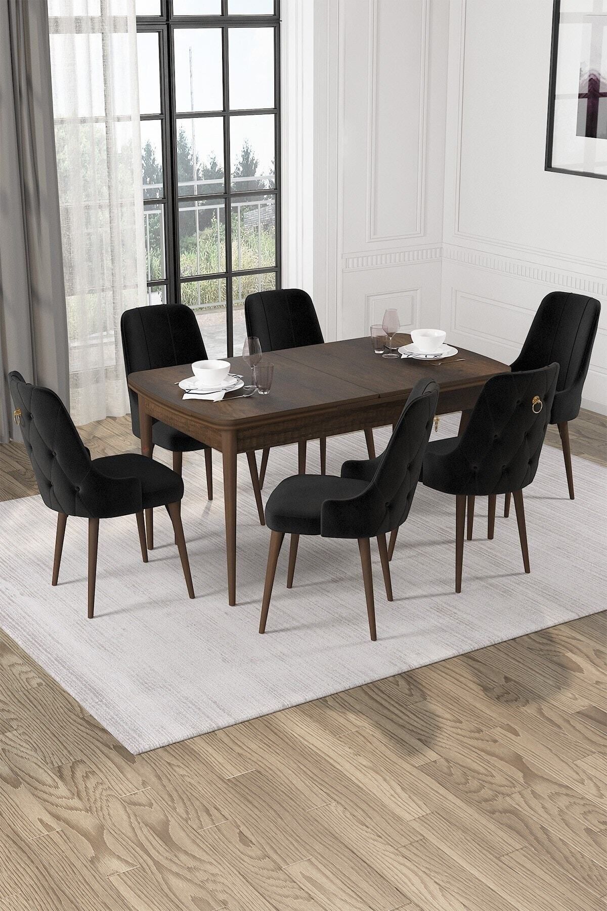 Mabel Barok Desen 80x132 Açılabilir Mdf Yemek Masası Takımı 6 Adet Sandalye
