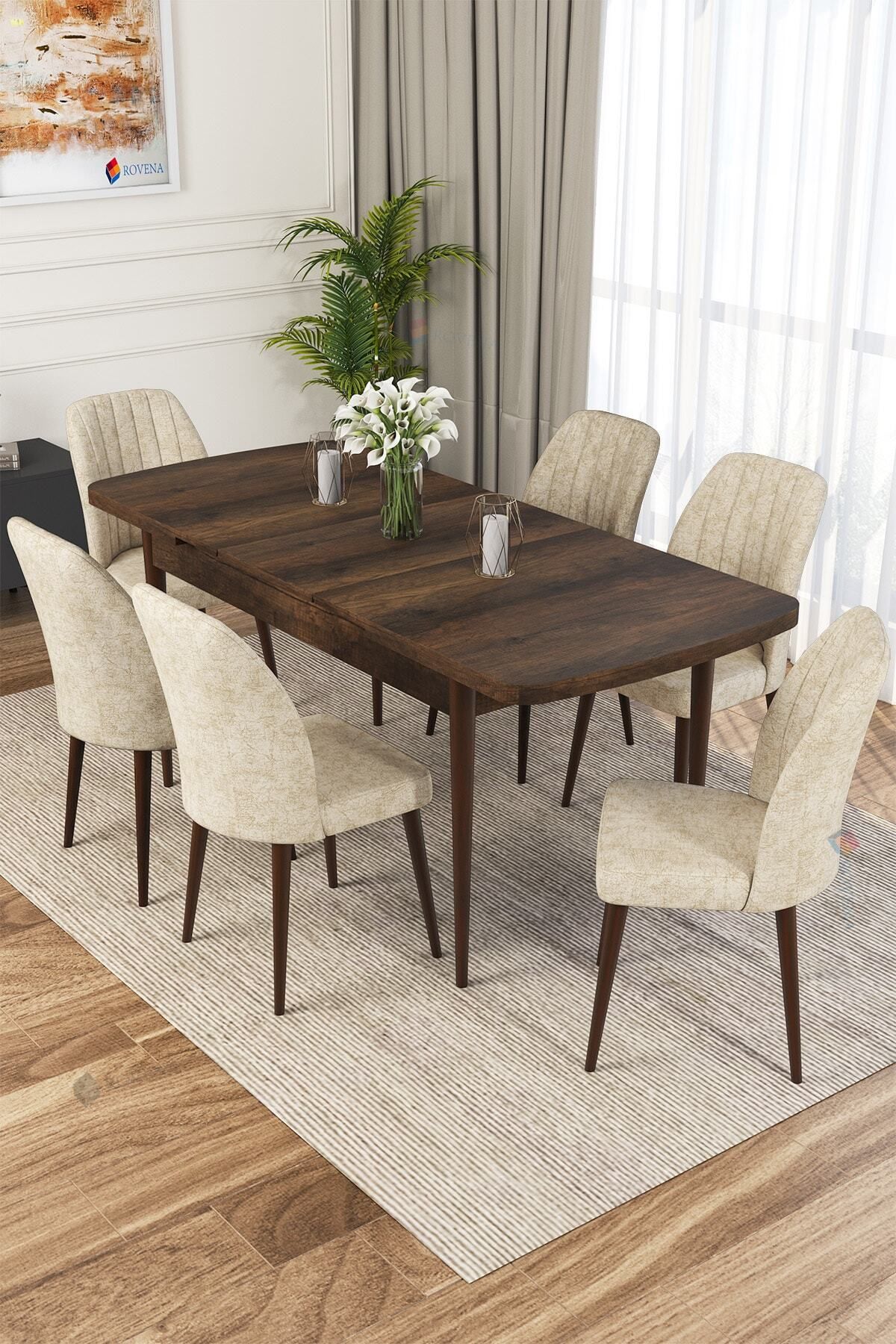 Molis Barok Desen 80x132 Mdf Açılabilir Mutfak Masası Takımı 6 Adet Sandalye-1