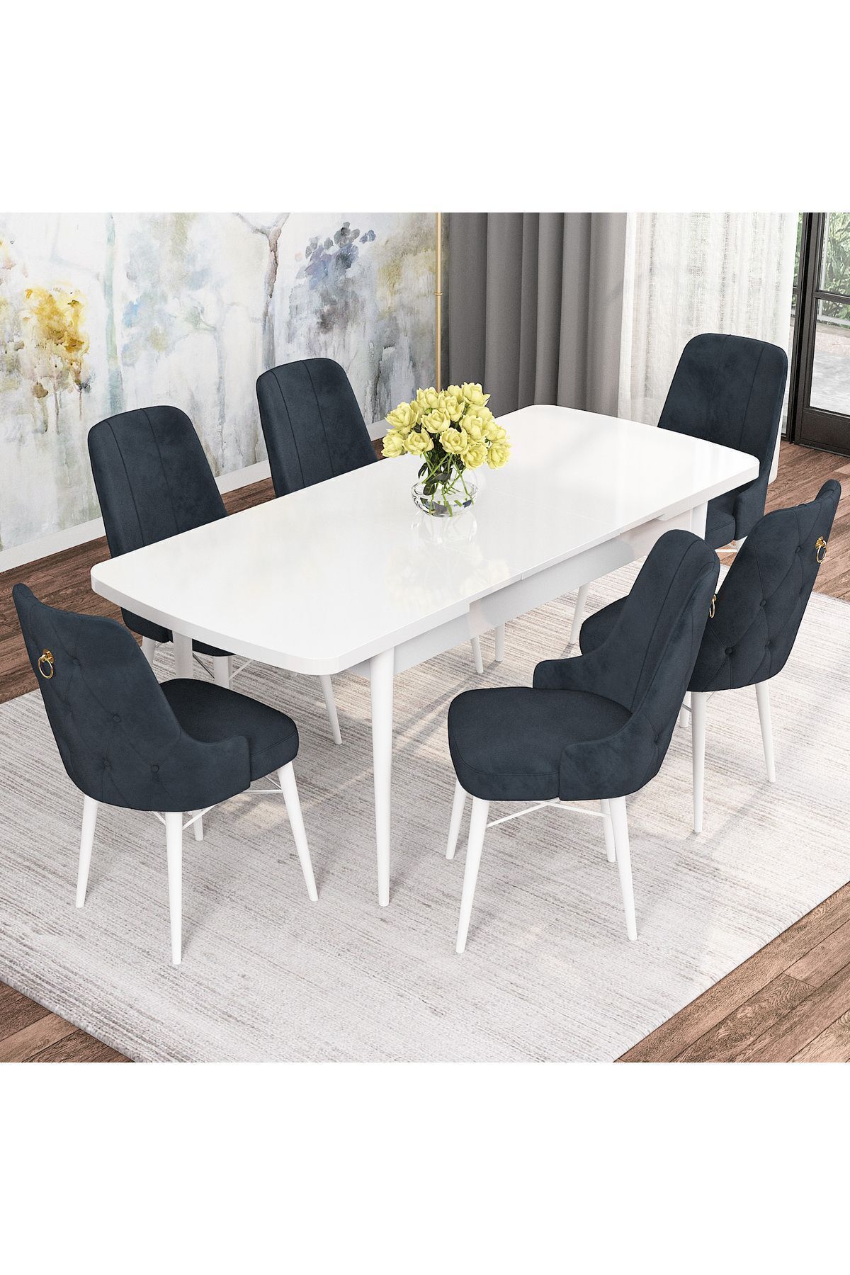Mirka Beyaz 80x132 Açılabilir Mutfak Masası Takımı 6 Adet Sandalye-1