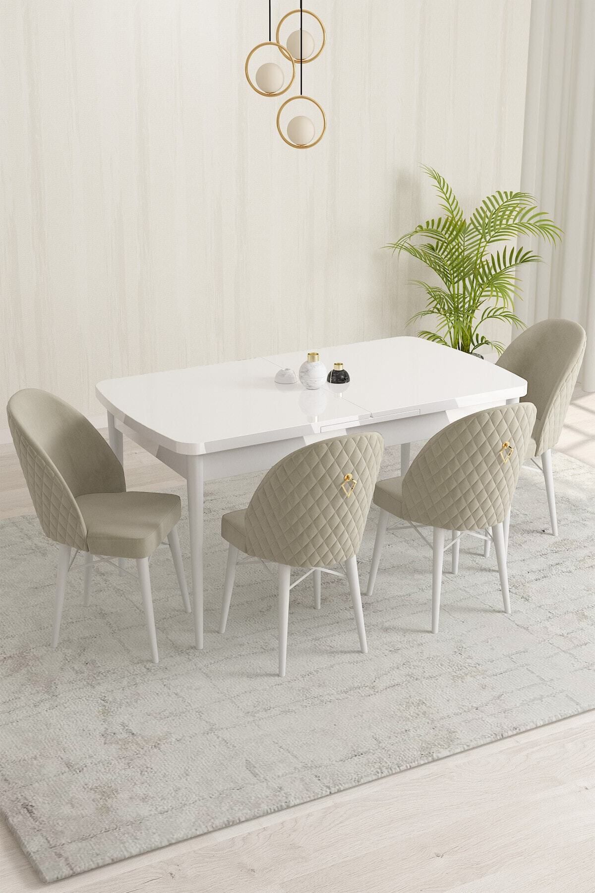 violeta Beyaz 80x132 Mdf Açılabilir Yemek Masası Takımı 4 Adet Sandalye-0