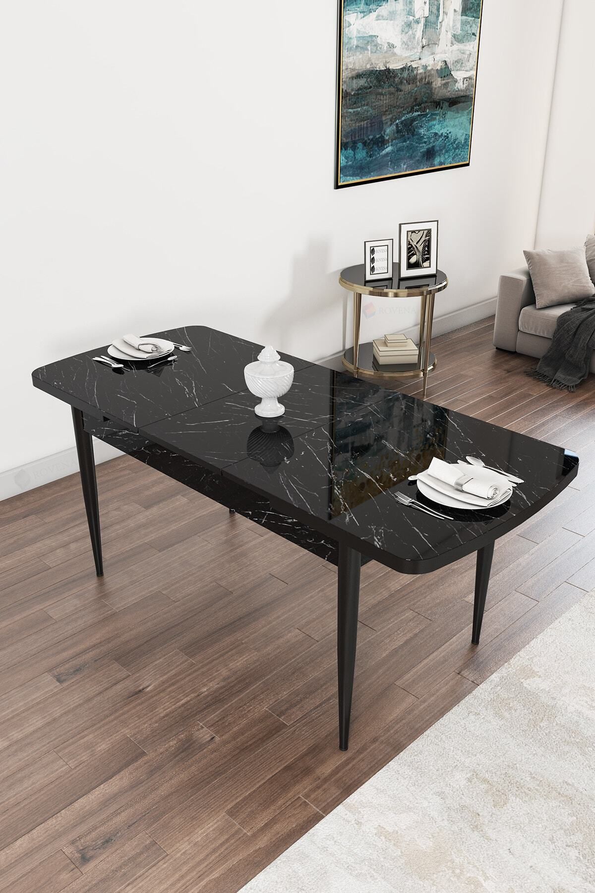 Vien Siyah Mermer Desen 80x132 Mdf Açılabilir Mutfak Masası Takımı 4 Adet Sandalye-4