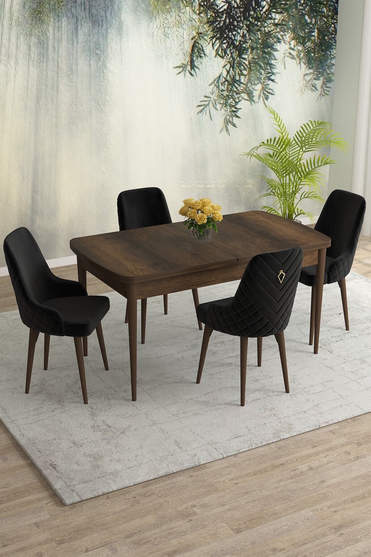 Natan Barok Desen 80x132 Mdf Açılabilir Mutfak Masası Takımı 4 Adet Sandalye