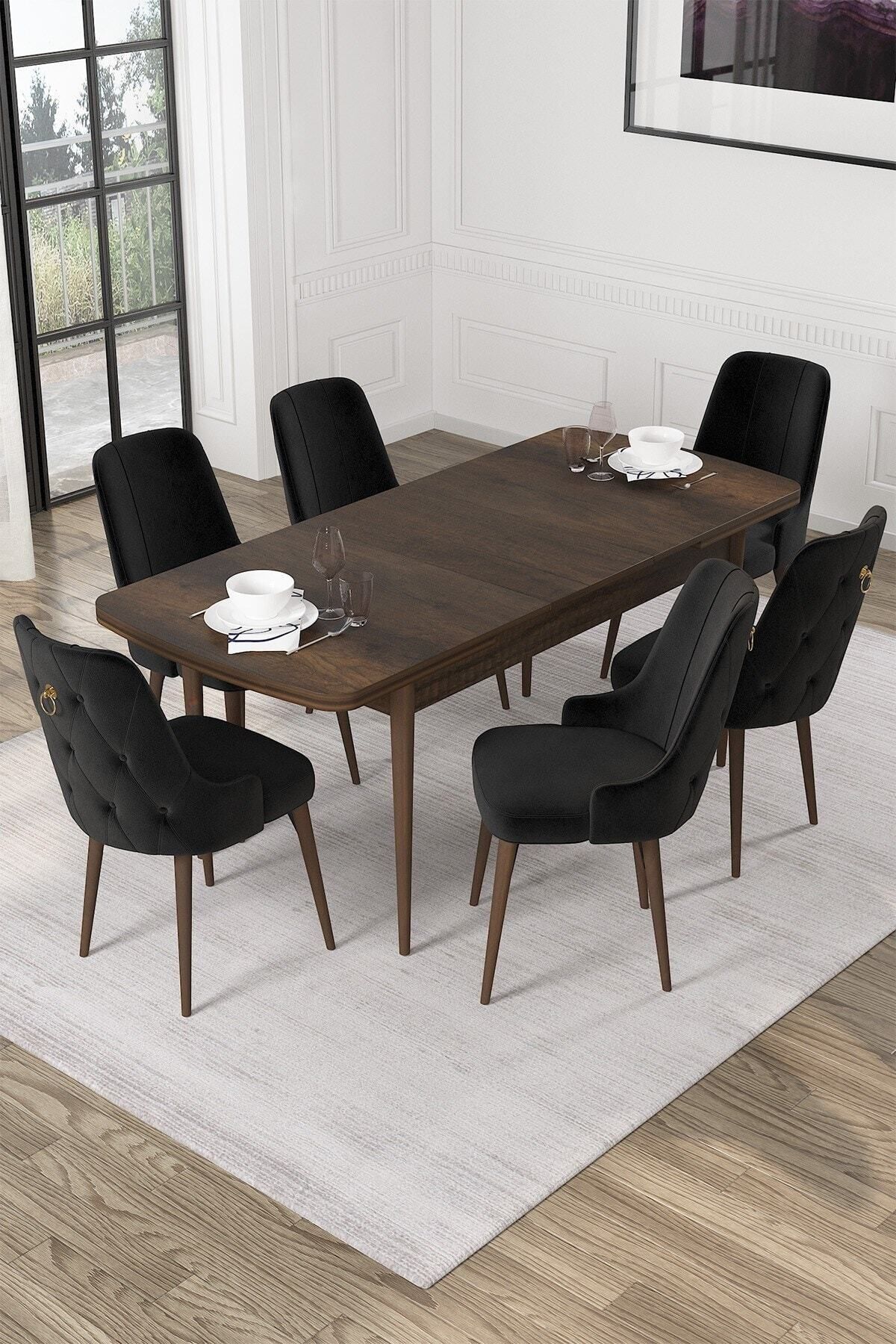 Mabel Barok Desen 80x132 Açılabilir Mdf Yemek Masası Takımı 6 Adet Sandalye-1