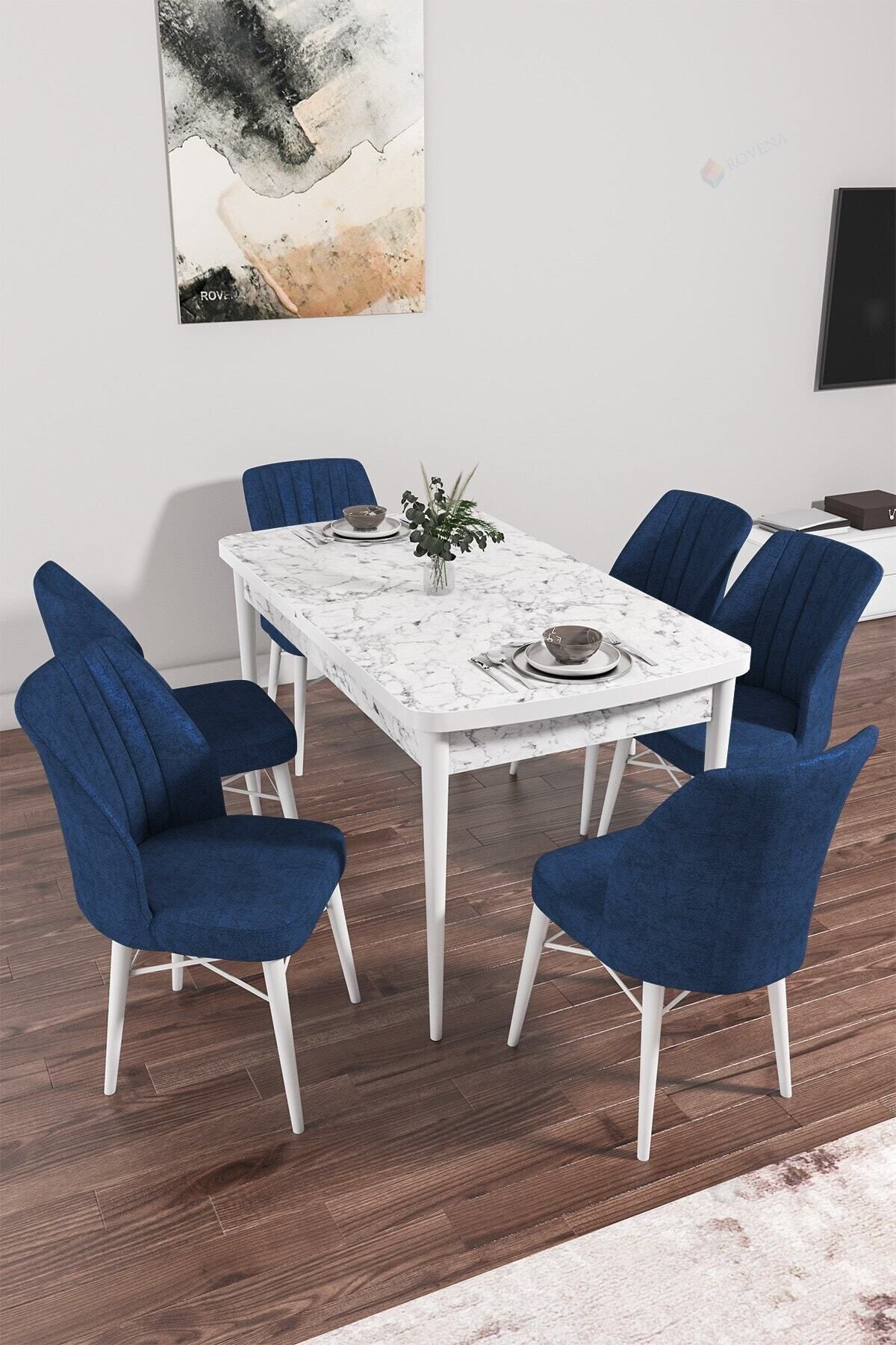 Vien Beyaz Mermer Desen 80x132 Mdf Açılabilir Mutfak Masası Takımı 6 Adet Sandalye