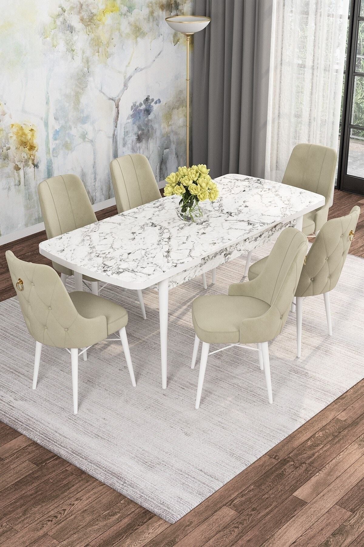 Diana Beyaz Mermer Desen 80x132 Açılabilir Mdf Yemek Masası Takımı 6 Adet Sandalye-1