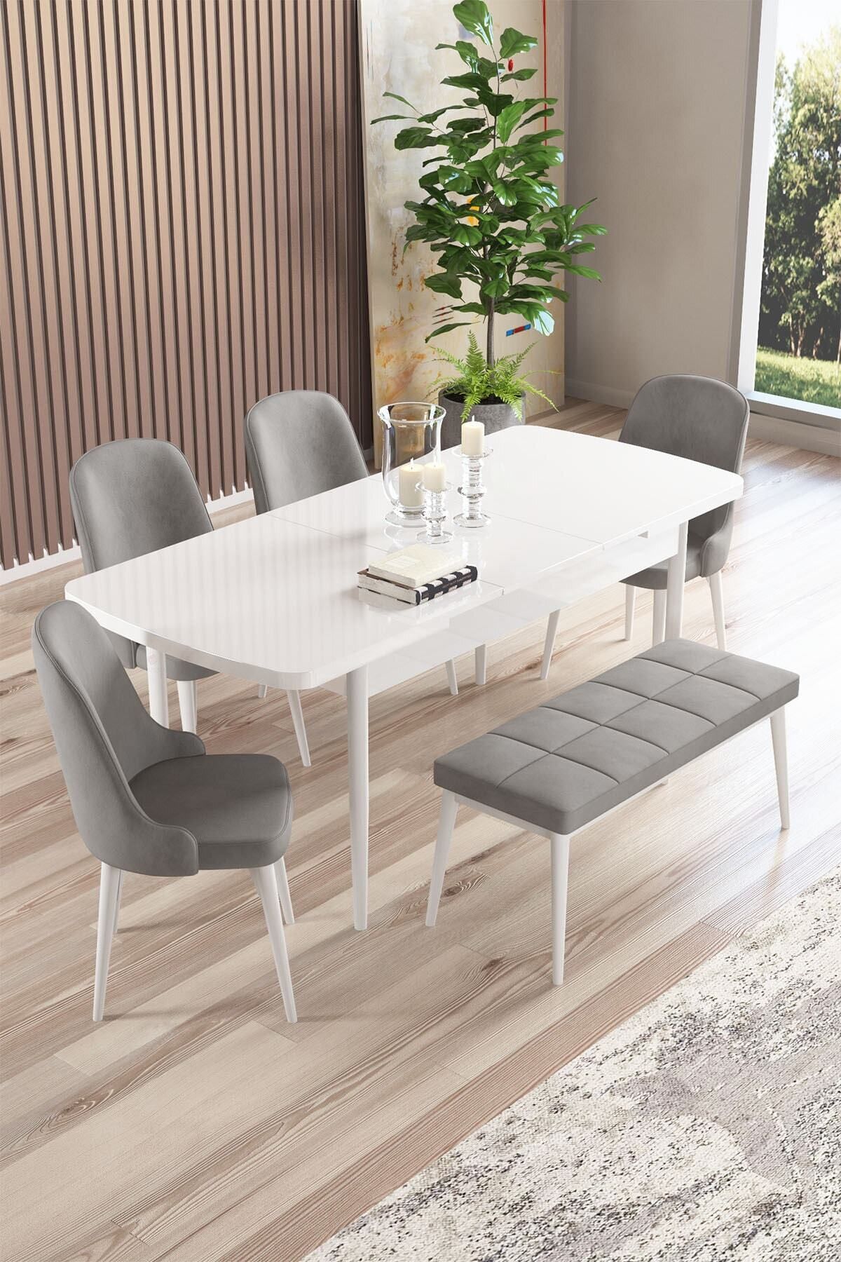 Radu Beyaz 80x132 Mdf Açılabilir Mutfak Masası Takımı 4 Sandalye, 1 Bench-1