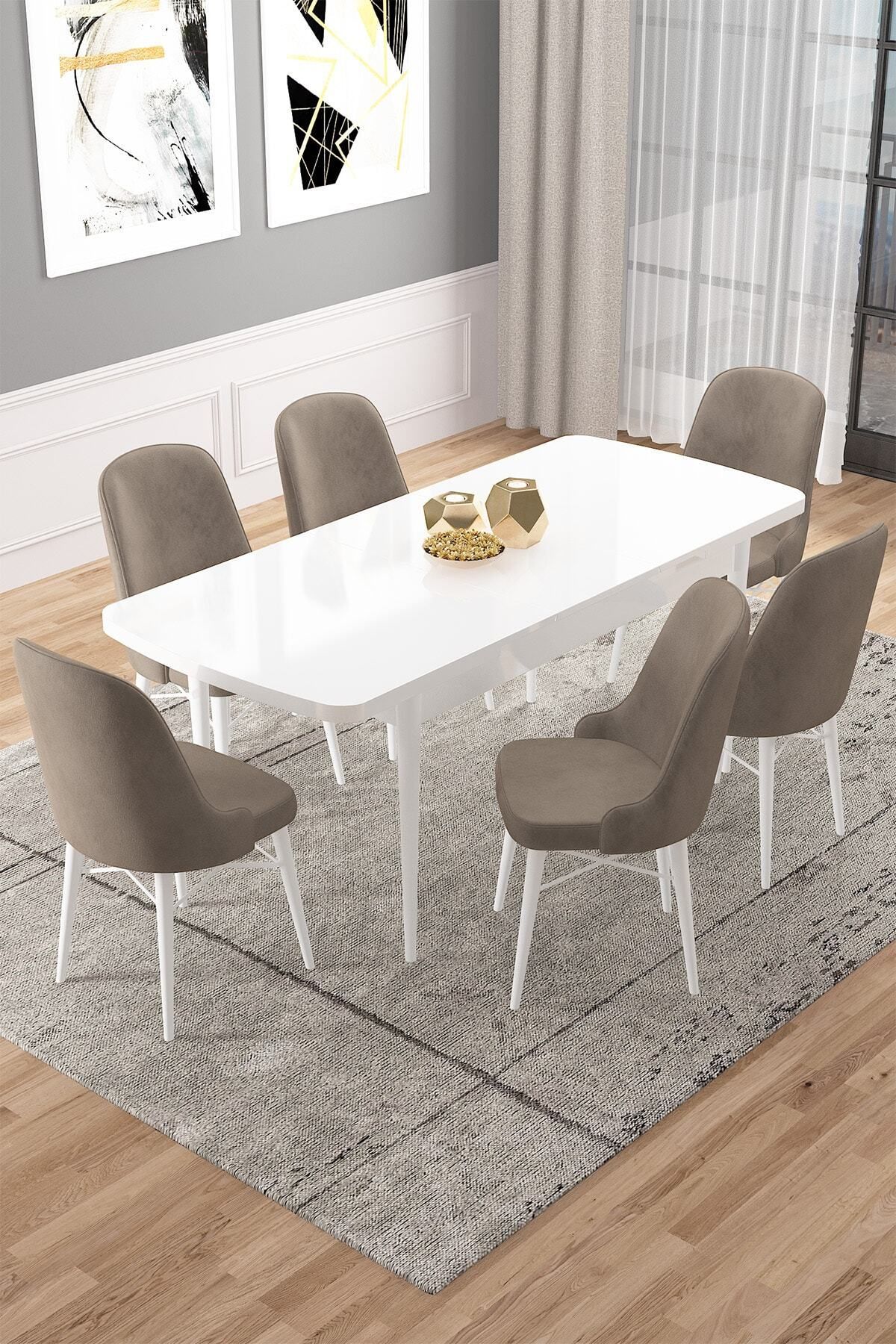 Vilte Beyaz 80x132 Mdf Açılabilir Mutfak Masası Takımı 6 Adet Sandalye-1