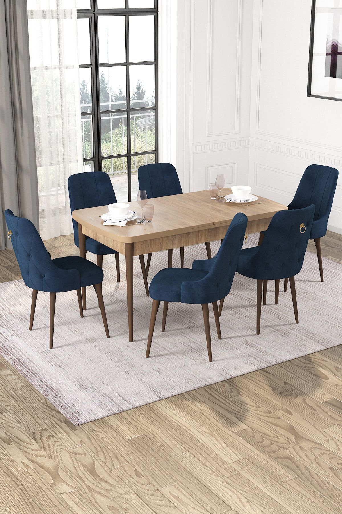 Evan Meşe Desen 80x132 Açılabilir Mutfak Masası Takımı 6 Adet Sandalye