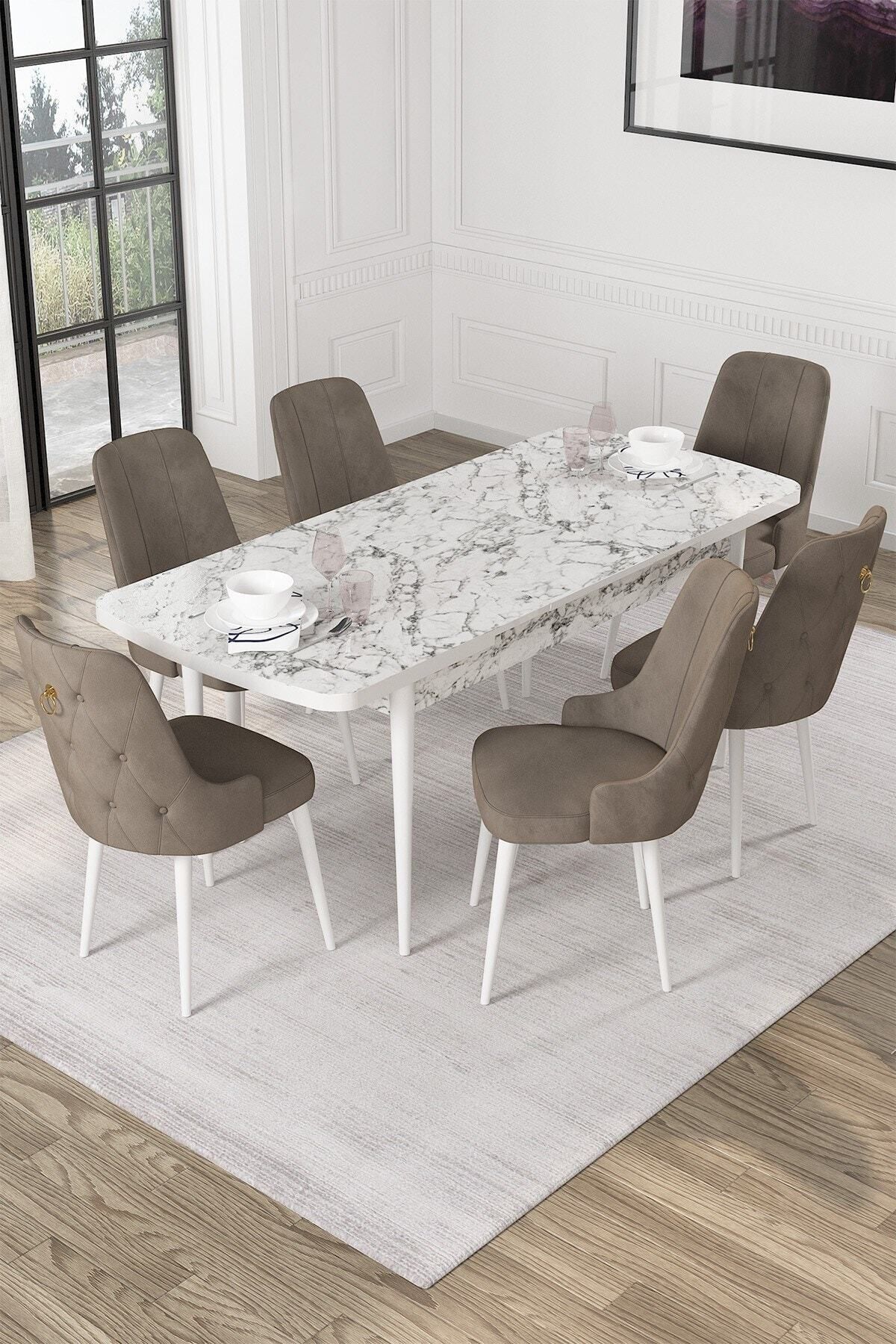 Mabel Beyaz Mermer Desen 80x132 Açılabilir Mdf Yemek Masası Takımı 6 Adet Sandalye-1