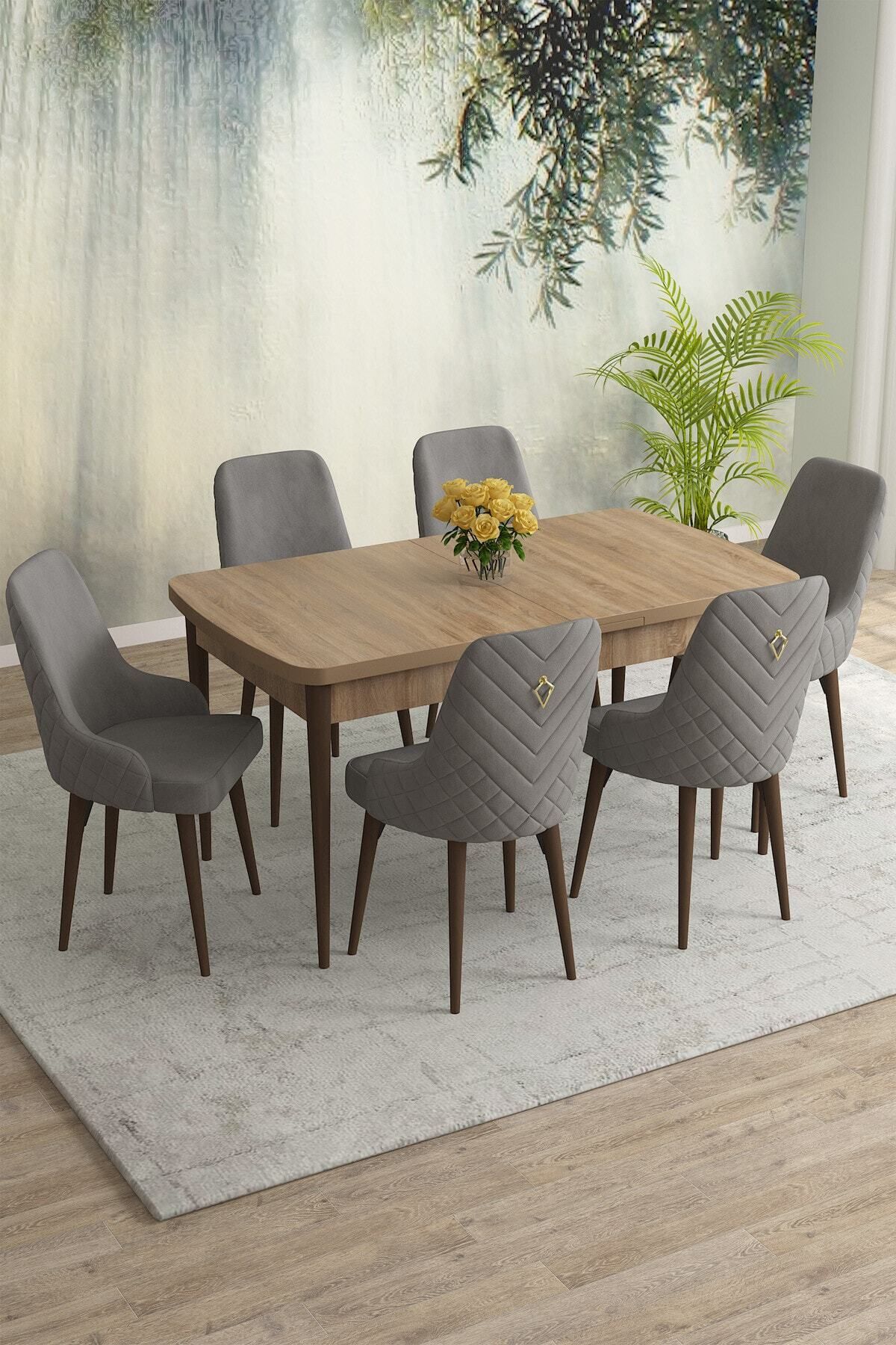 Natan Meşe Desen 80x132 Mdf Açılabilir Mutfak Masası Takımı 6 Adet Sandalye
