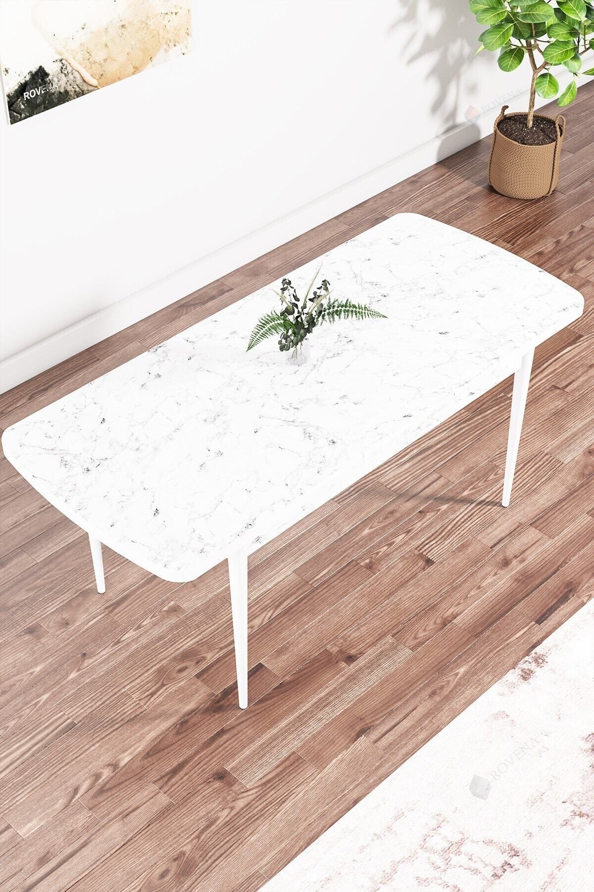 Vien Beyaz Mermer Desen 80x132 Mdf Açılabilir Mutfak Masası Takımı 6 Adet Sandalye-3