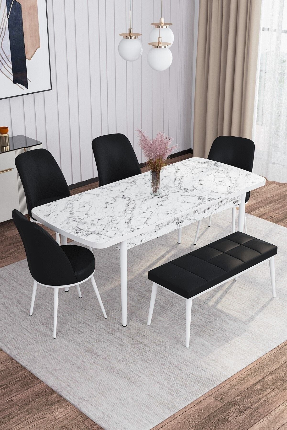 Tora Beyaz Mermer Desen 80x132 Mdf Açılabilir Yemek Masası Takımı 4 Sandalye, 1 Bench-1