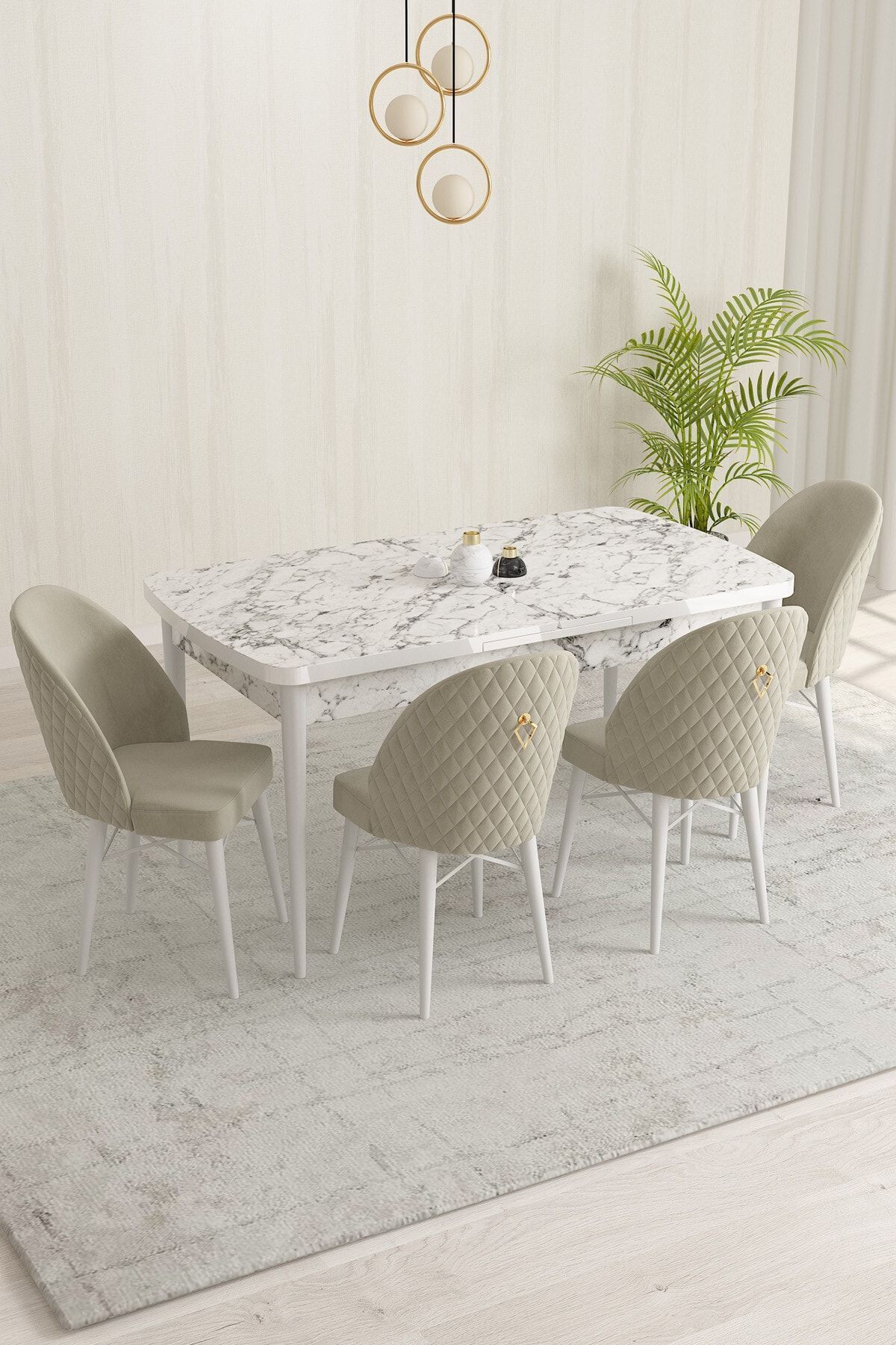 violeta Beyaz Mermer Desen 80x132 Mdf Açılabilir Mutfak Masası Takımı 4 Adet Sandalye