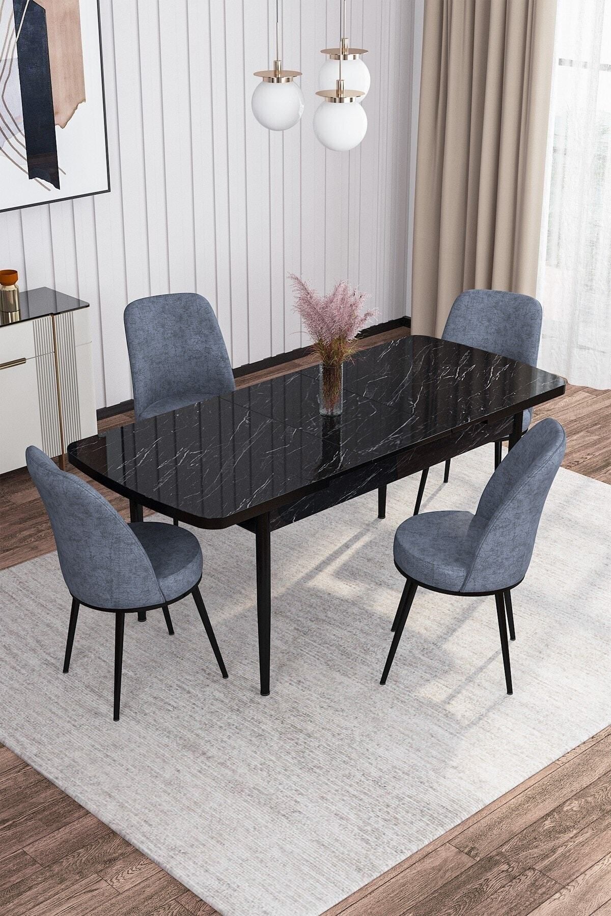 Tora Siyah Mermer Desen 80x132 Mdf Açılabilir Yemek Masası Takımı 4 Adet Sandalye-1