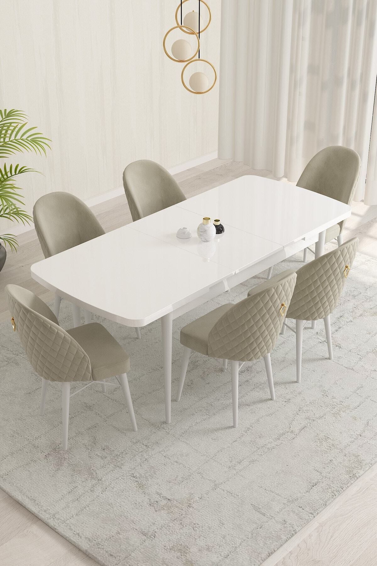 violeta Beyaz 80x132 Mdf Açılabilir Mutfak Masası Takımı 6 Adet Sandalye-1