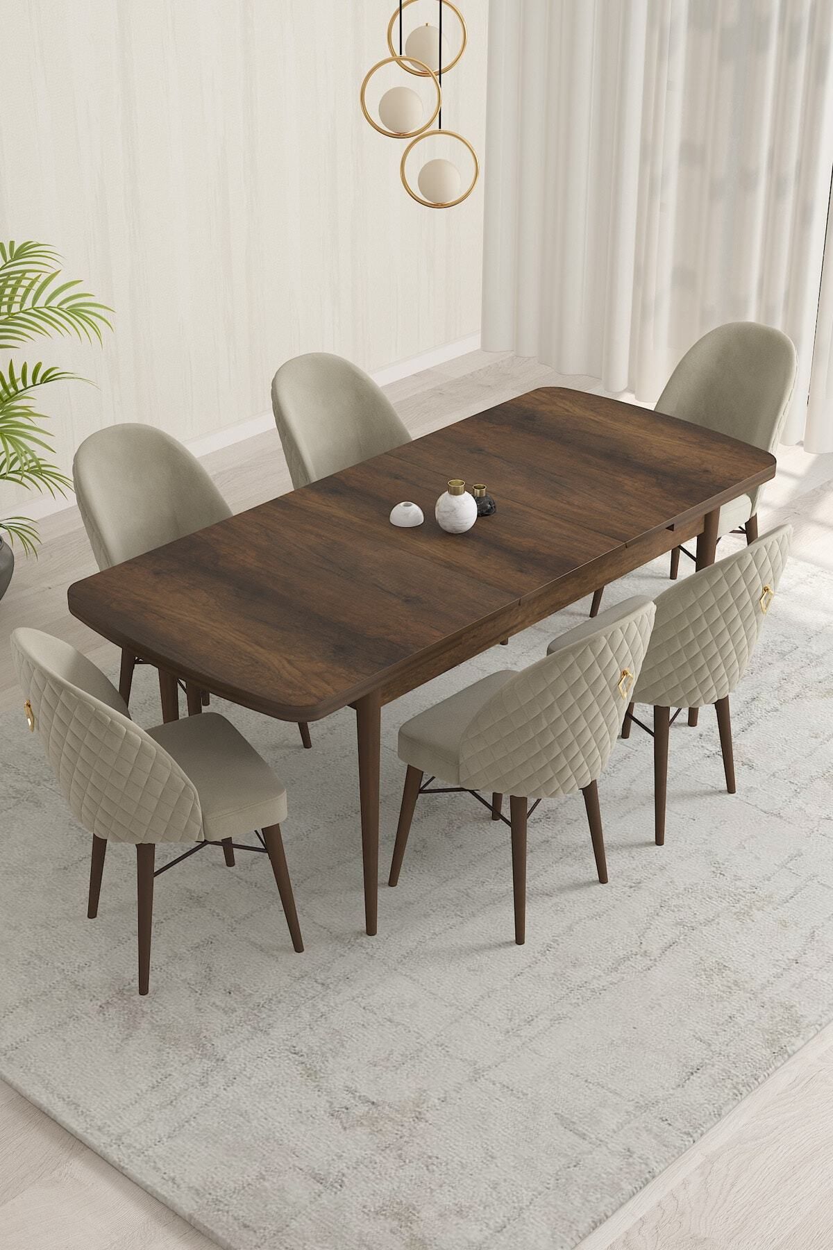 violeta Barok Desen 80x132 Mdf Açılabilir Yemek Masası Takımı 6 Adet Sandalye-1