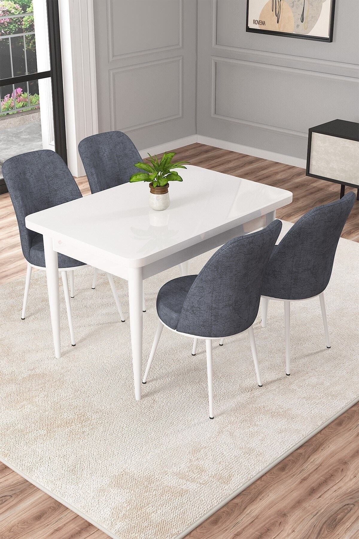 Ema Beyaz 70x110 Mdf Sabit Yemek Masası Takımı 4 Adet Sandalye-1
