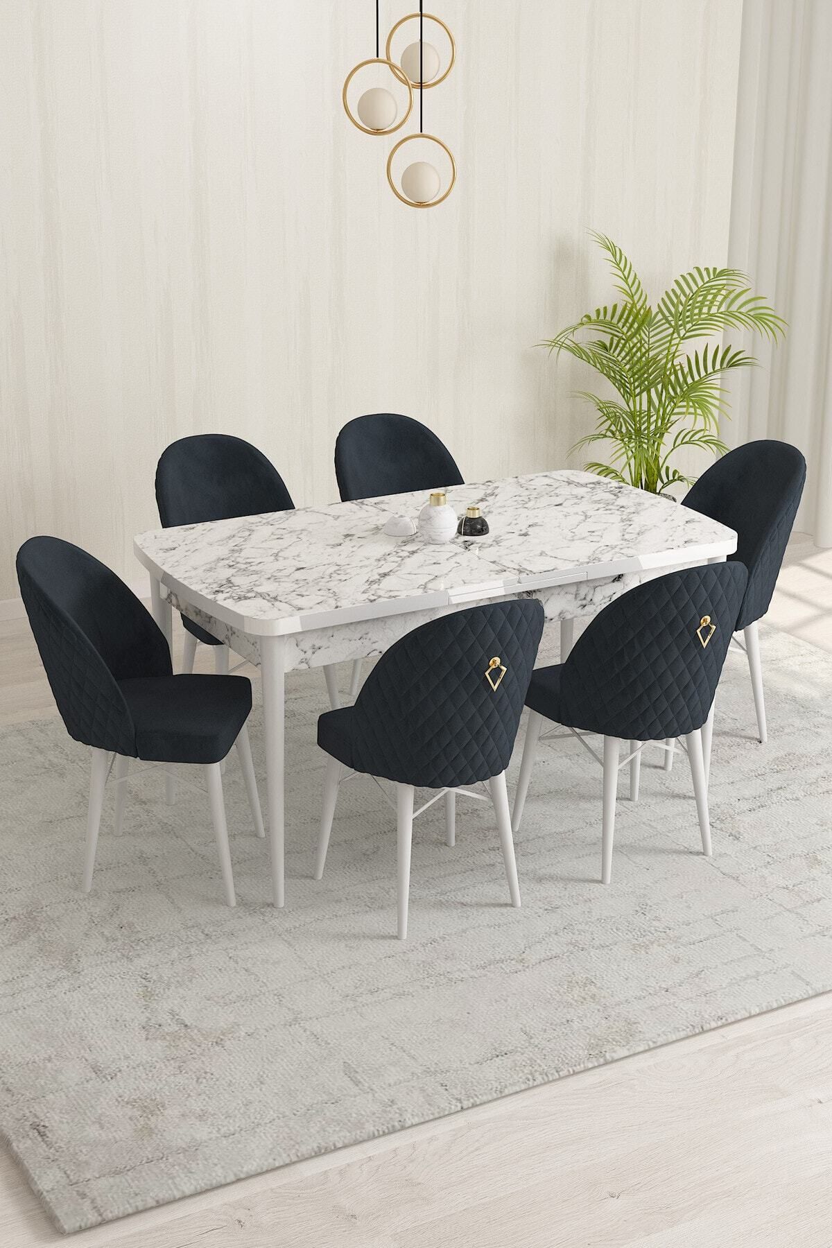 violeta Beyaz Mermer Desen 80x132 Mdf Açılabilir Mutfak Masası Takımı 6 Adet Sandalye