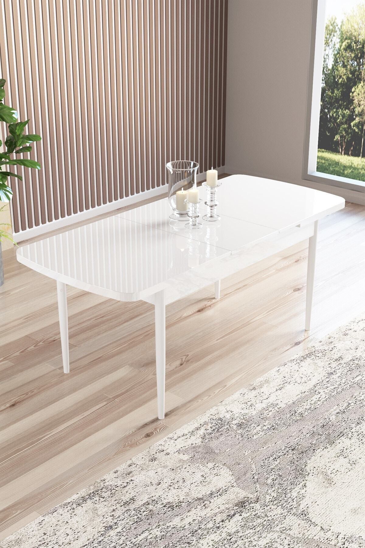 Radu Beyaz 80x132 Mdf Açılabilir Mutfak Masası Takımı 4 Sandalye, 1 Bench-3