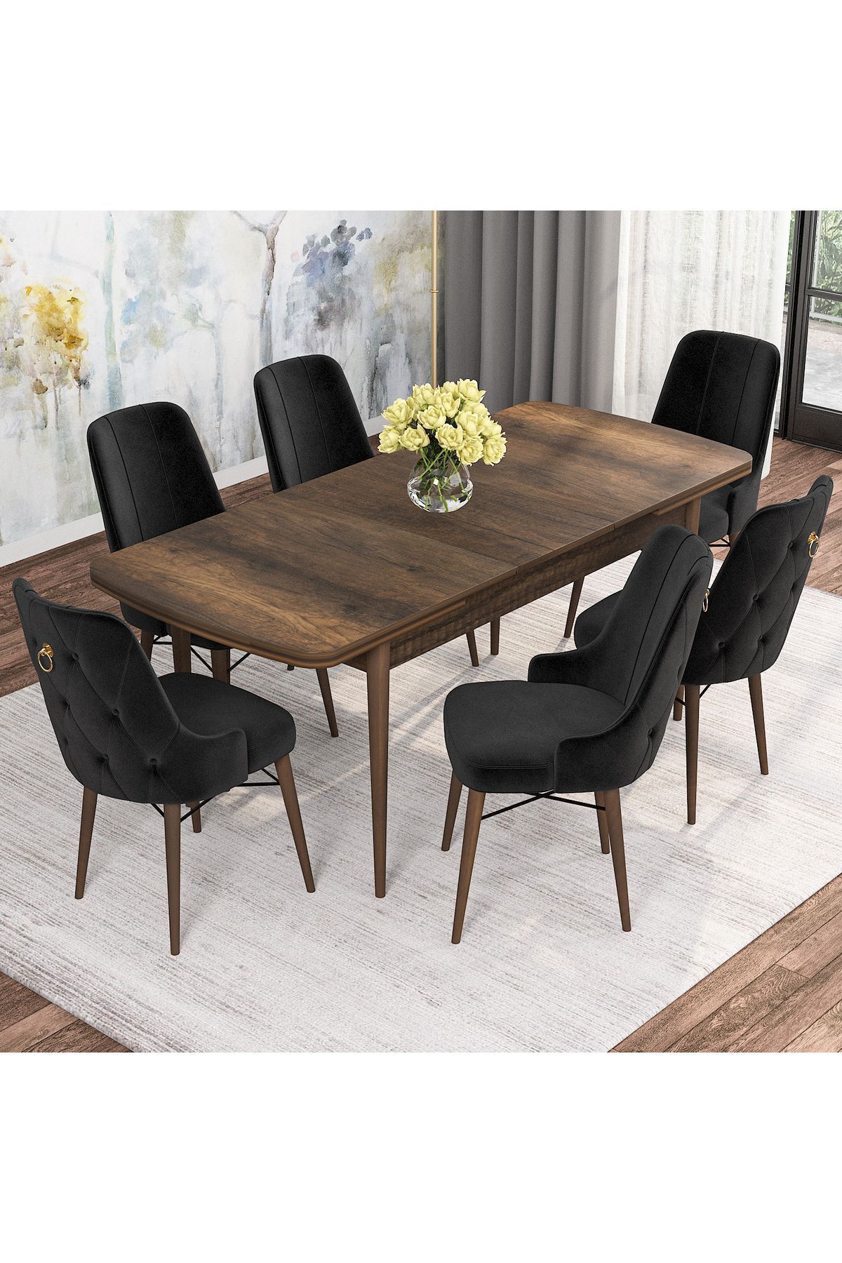 Mirka Barok Desen 80x132 Açılabilir Mutfak Masası Takımı 6 Adet Sandalye-1