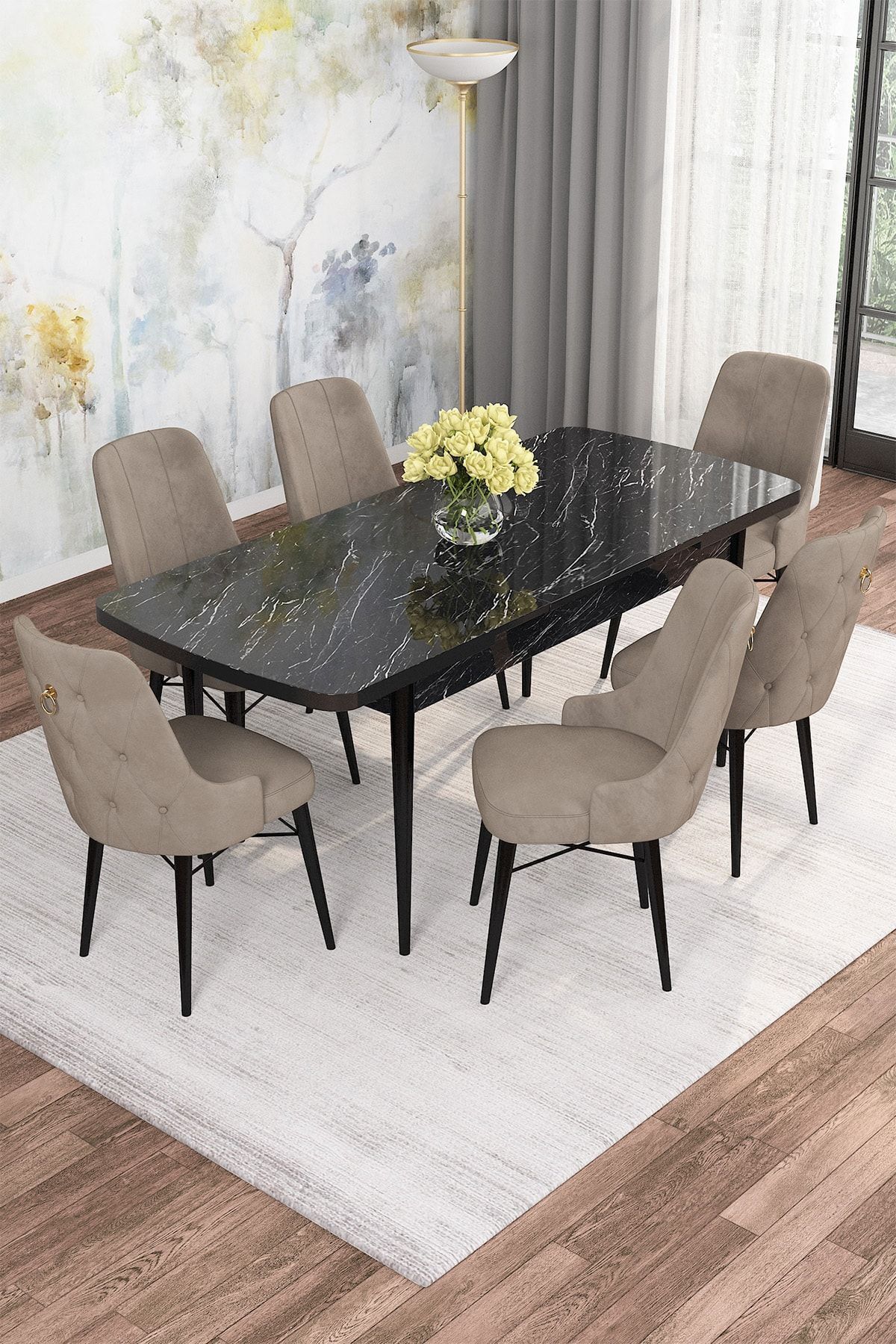 Diana Siyah Mermer Desen 80x132 Açılabilir Mdf Mutfak Masası Takımı 6 Adet Sandalye-1