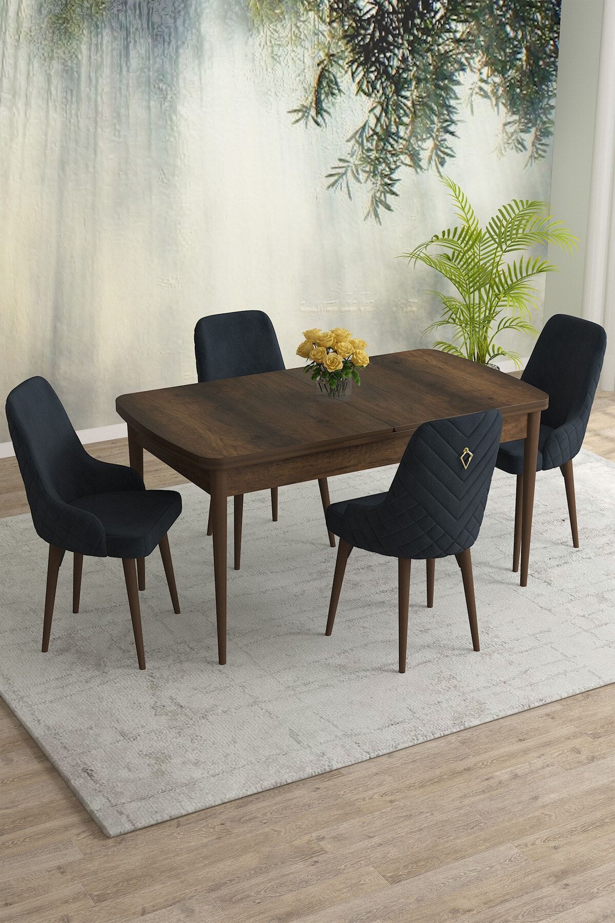 Natan Barok Desen 80x132 Mdf Açılabilir Mutfak Masası Takımı 4 Adet Sandalye