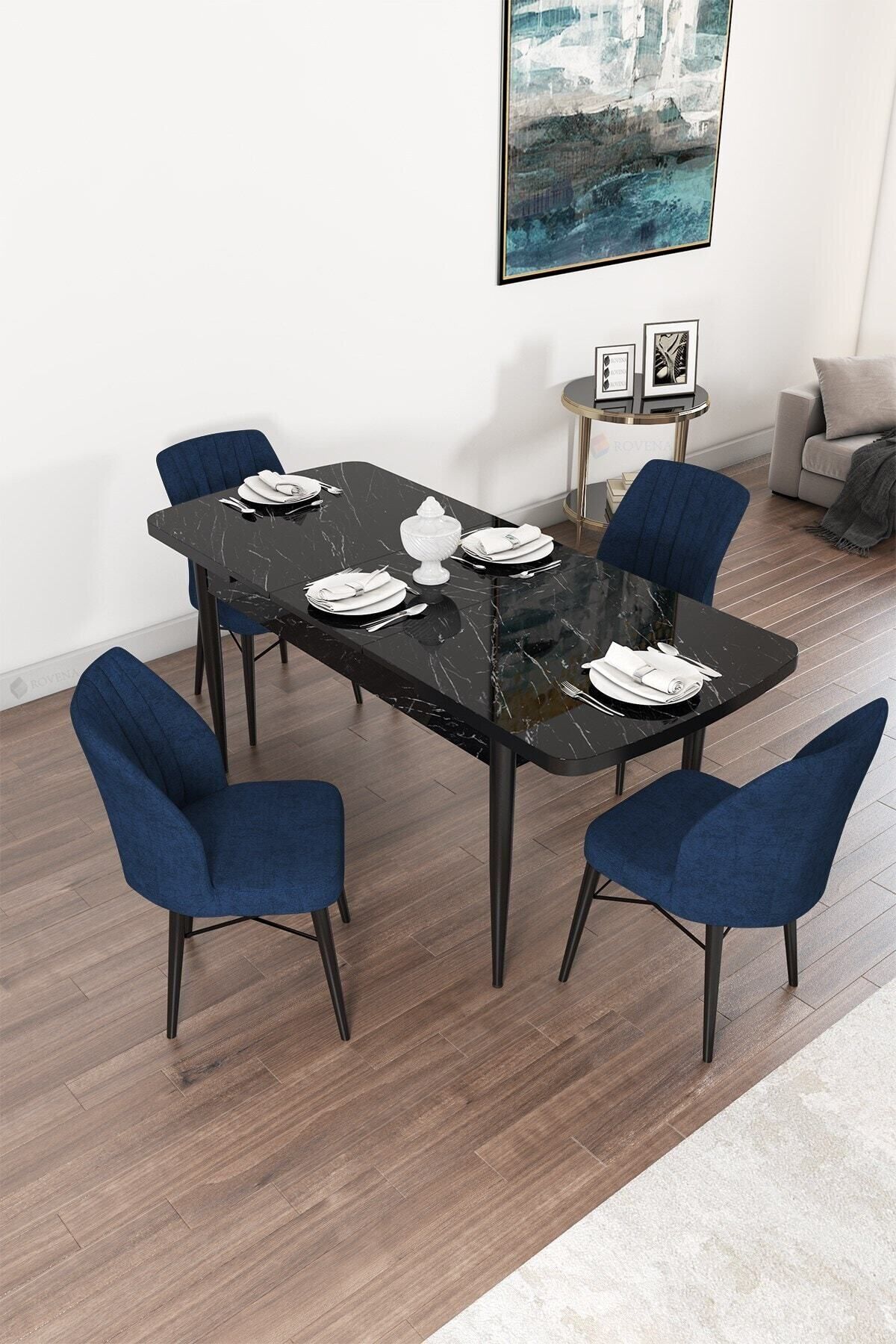 Vien Siyah Mermer Desen 80x132 Mdf Açılabilir Mutfak Masası Takımı 4 Adet Sandalye-1