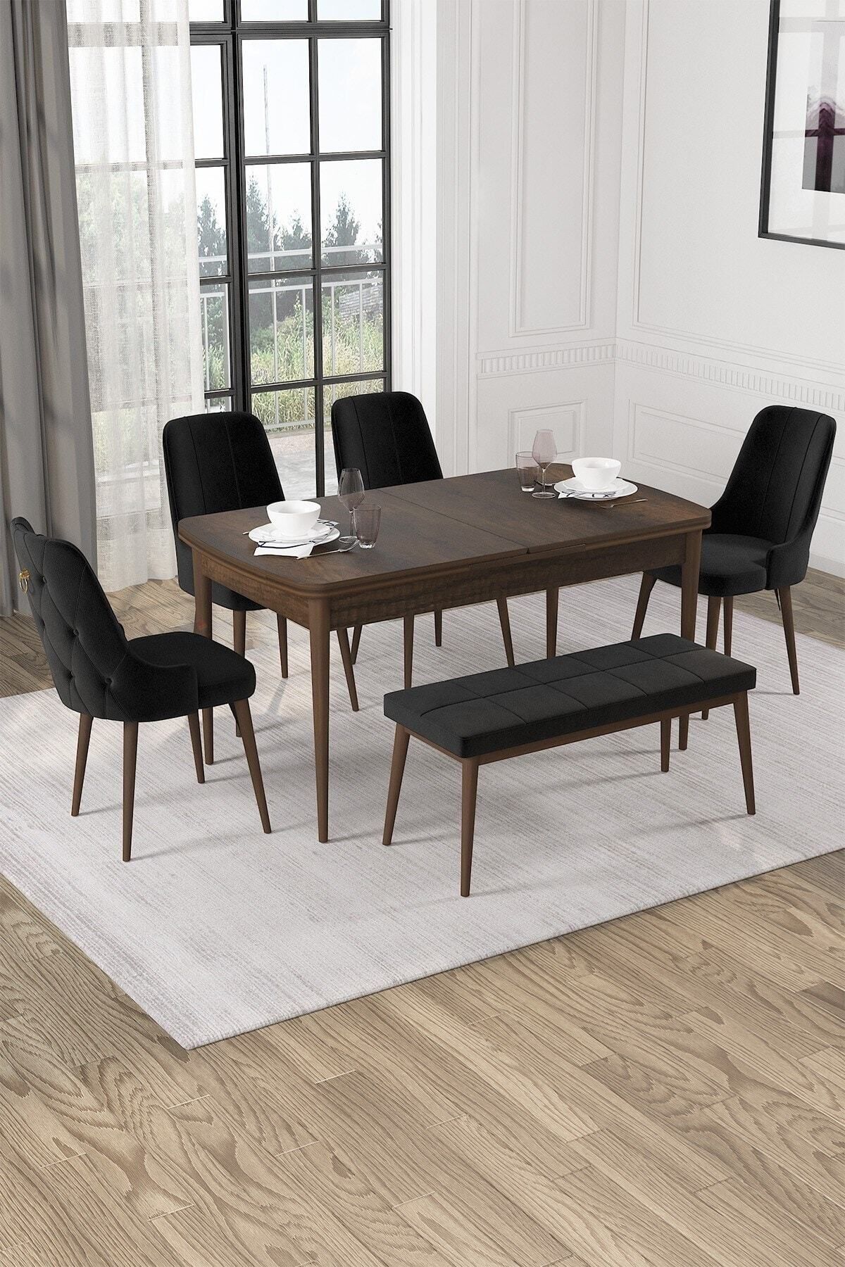 Mabel Barok Desen 80x132 Mdf Açılabilir Yemek Masası Takımı 4 Sandalye, 1 Bench-0