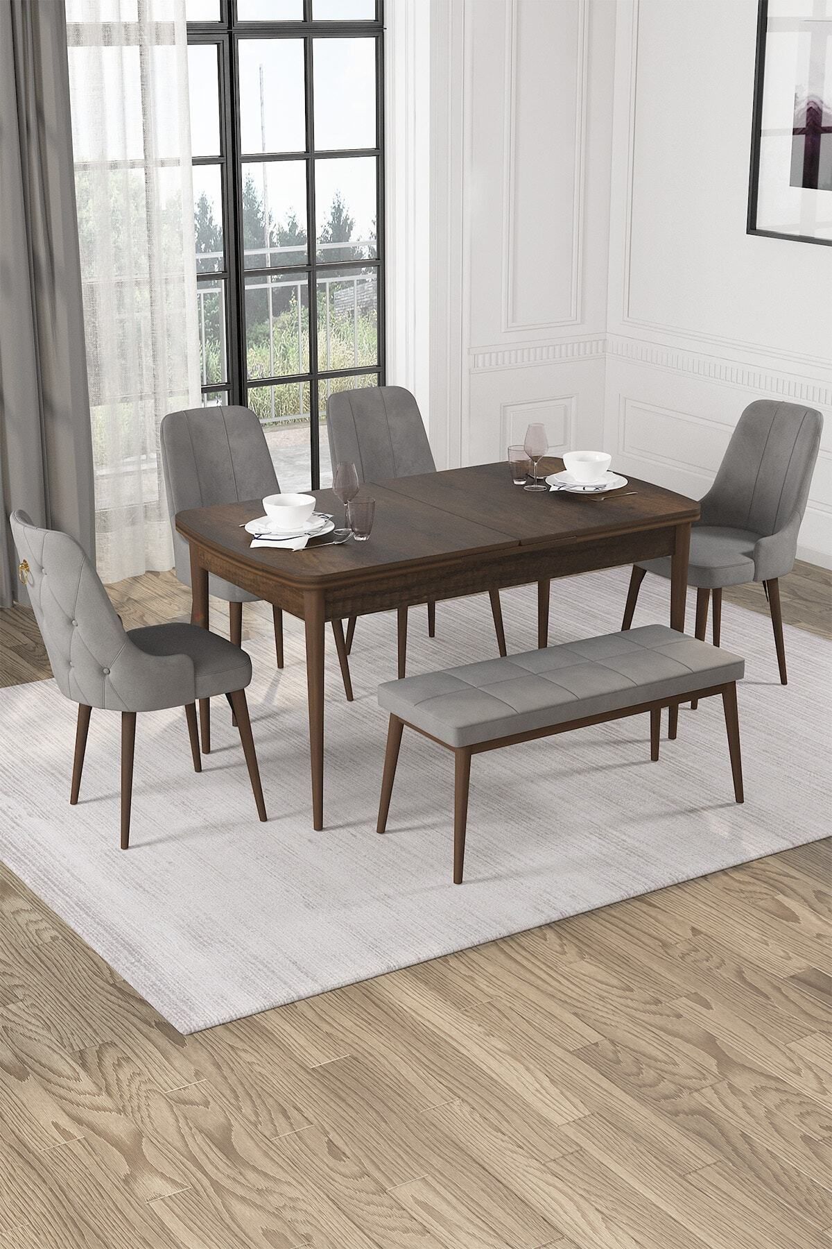 Mabel Barok Desen 80x132 Mdf Açılabilir Mutfak Masası Takımı 4 Sandalye, 1 Bench