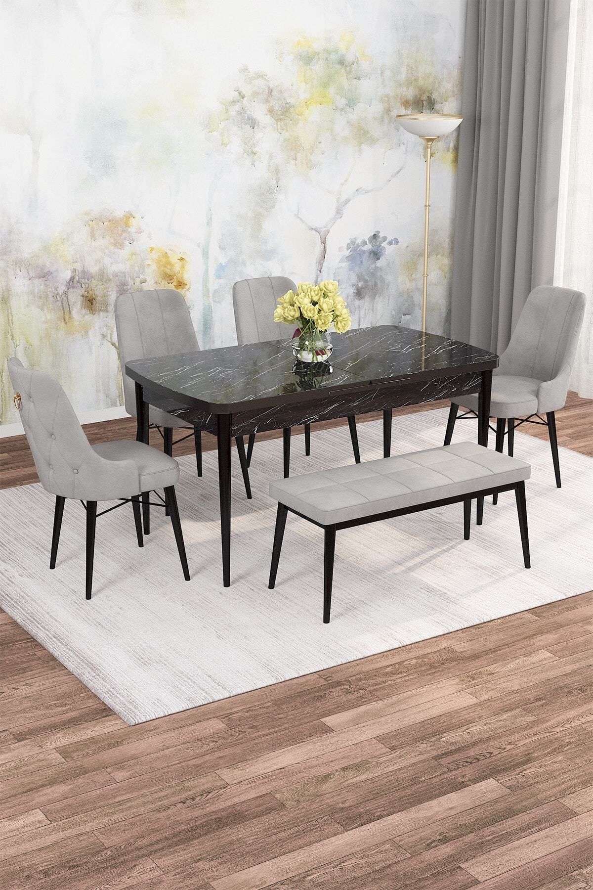 Diana Siyah Mermer Desen 80x132 Mdf Açılabilir Mutfak Masası Takımı 4 Sandalye, 1 Bench