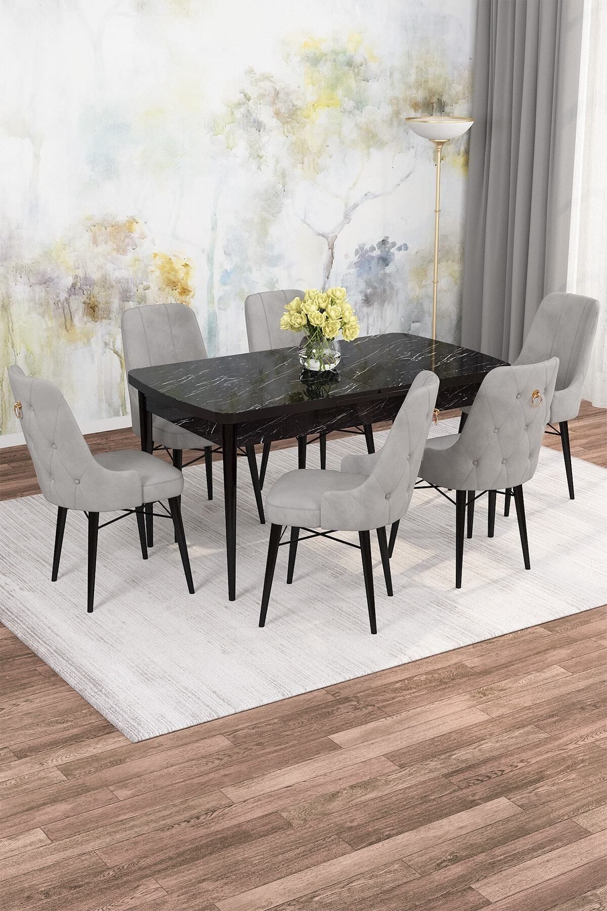temosan Diana Siyah Mermer Desen 80x132 Açılabilir Mdf Mutfak Masası Takımı 6 Adet Sandalye