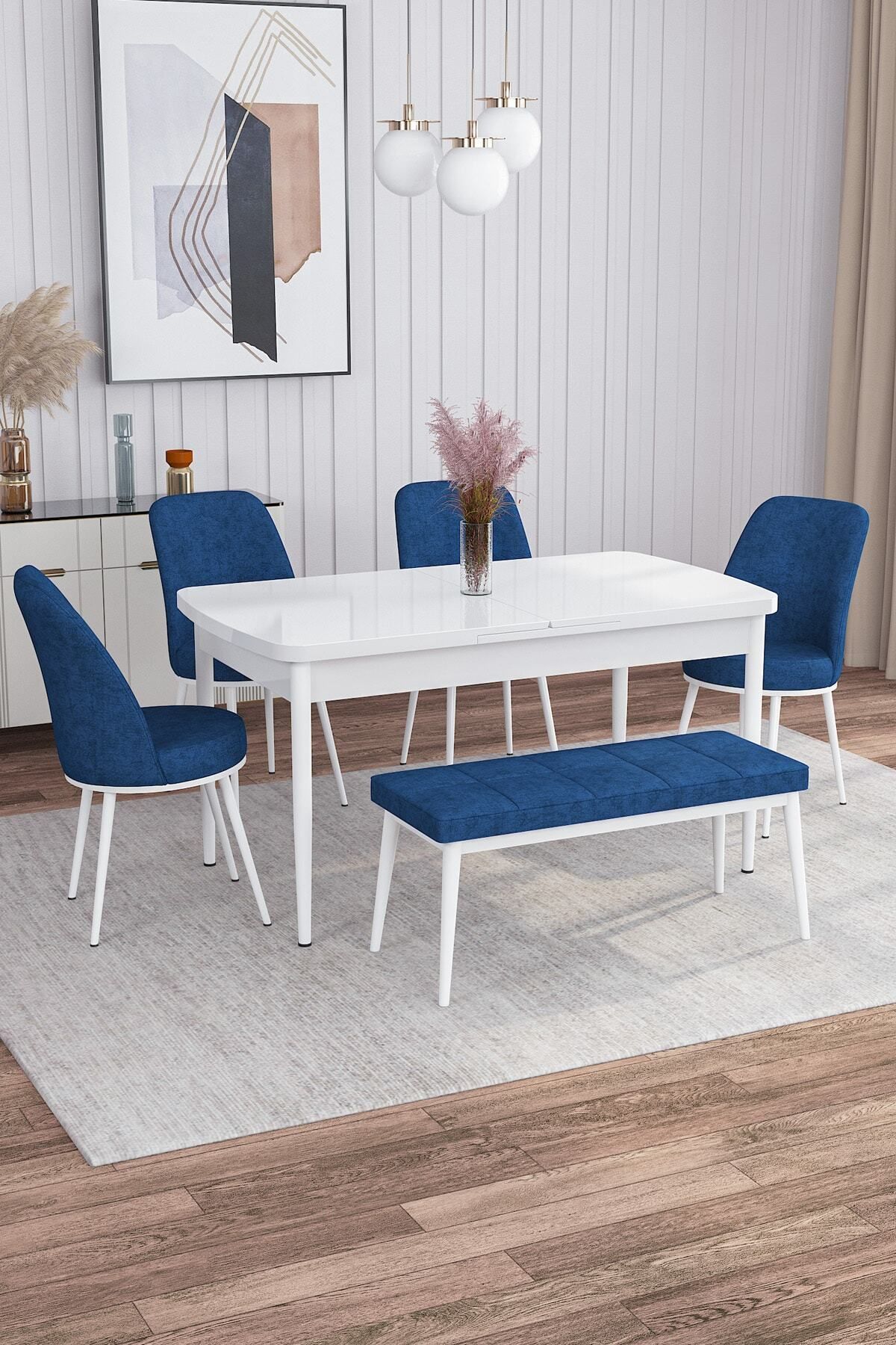 Tora Beyaz 80x132 Mdf Açılabilir Yemek Masası Takımı 4 Sandalye, 1 Bench-0