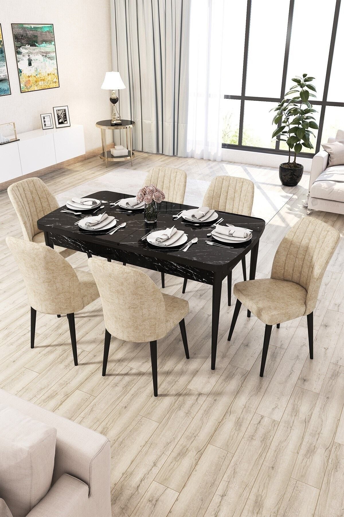 Molis Siyah Mermer Desen 80x132 Mdf Açılabilir Yemek Masası Takımı 6 Adet Sandalye