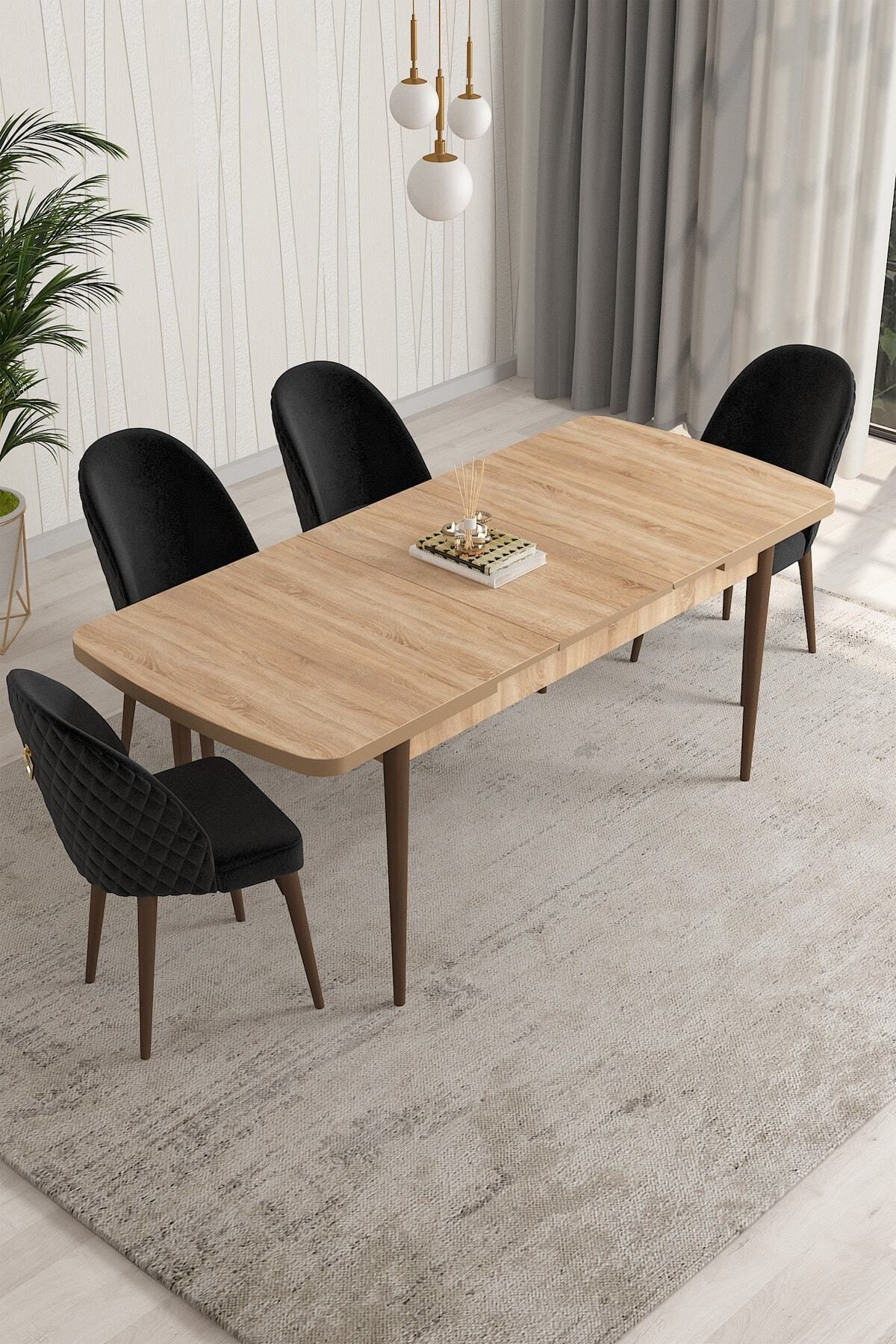 Aleksa Meşe Desen 80x132 Mdf Açılabilir Mutfak Masası Takımı 4 Adet Sandalye-1