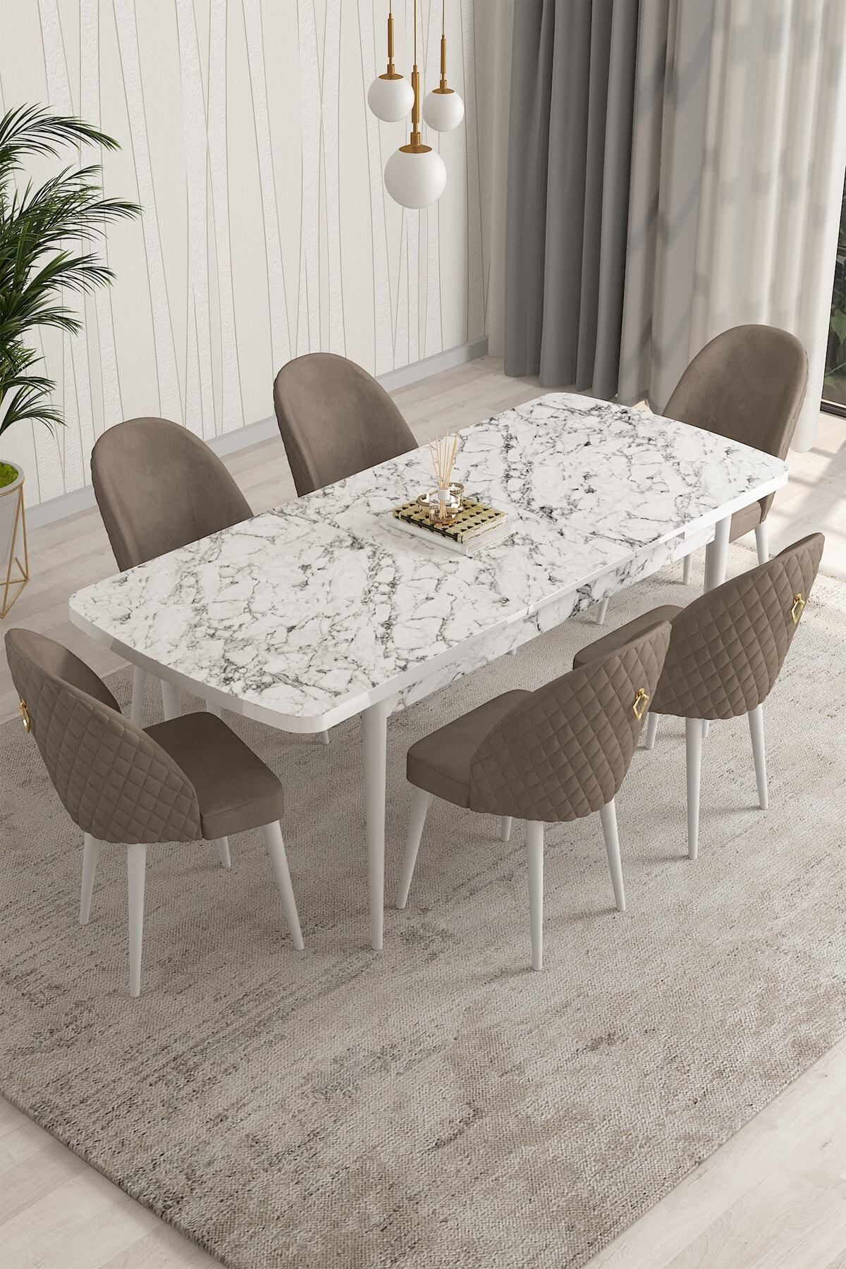 Aleksa Beyaz Mermer Desen 80x132 Mdf Açılabilir Mutfak Masası Takımı 6 Adet Sandalye-1