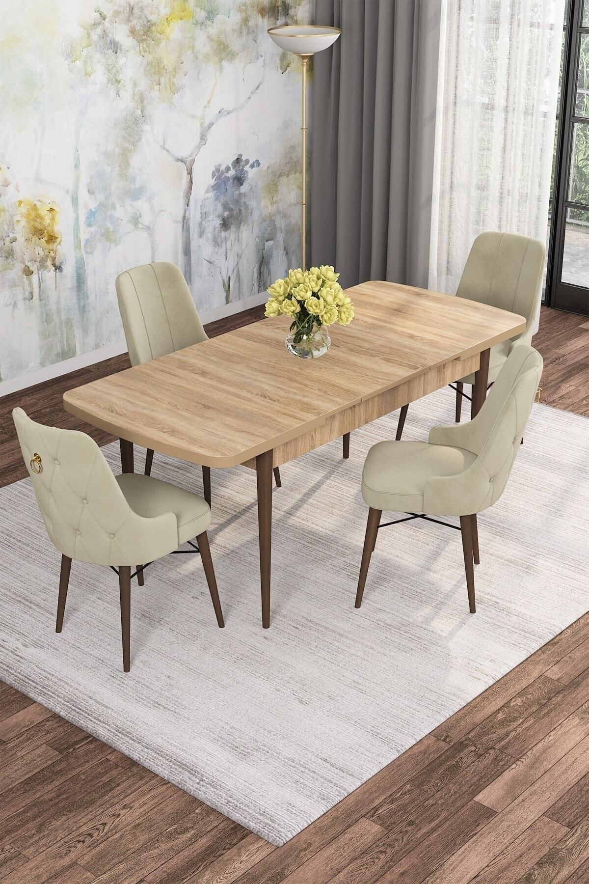 Diana Meşe Desen 80x132 Açılabilir Mdf Yemek Masası Takımı 4 Adet Sandalye-1