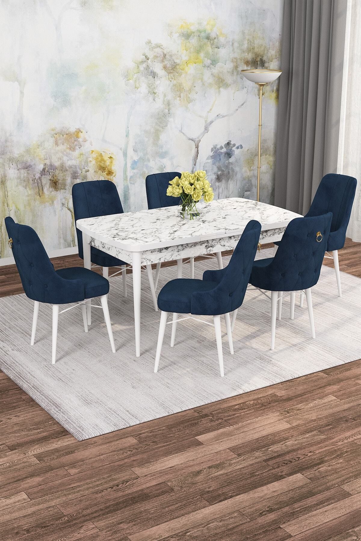 Diana Beyaz Mermer Desen 80x132 Açılabilir Mdf Mutfak Masası Takımı 6 Adet Sandalye-0