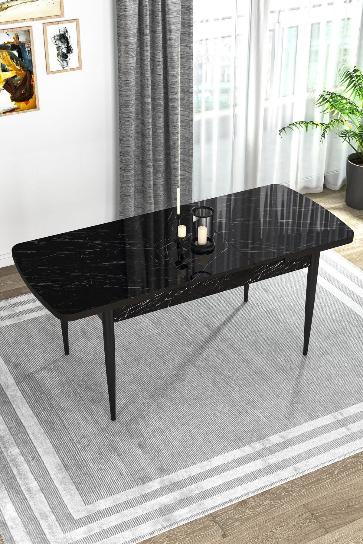 Diana Siyah Mermer Desen 80x132 Mdf Açılabilir Mutfak Masası Takımı 4 Sandalye, 1 Bench-3