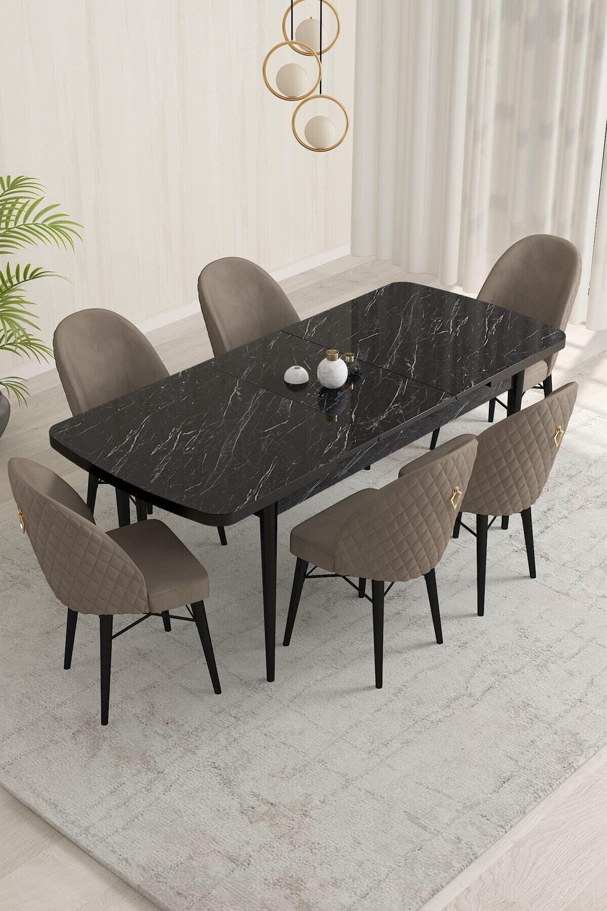violeta Siyah Mermer Desen 80x132 Mdf Açılabilir Yemek Masası Takımı 6 Adet Sandalye-1