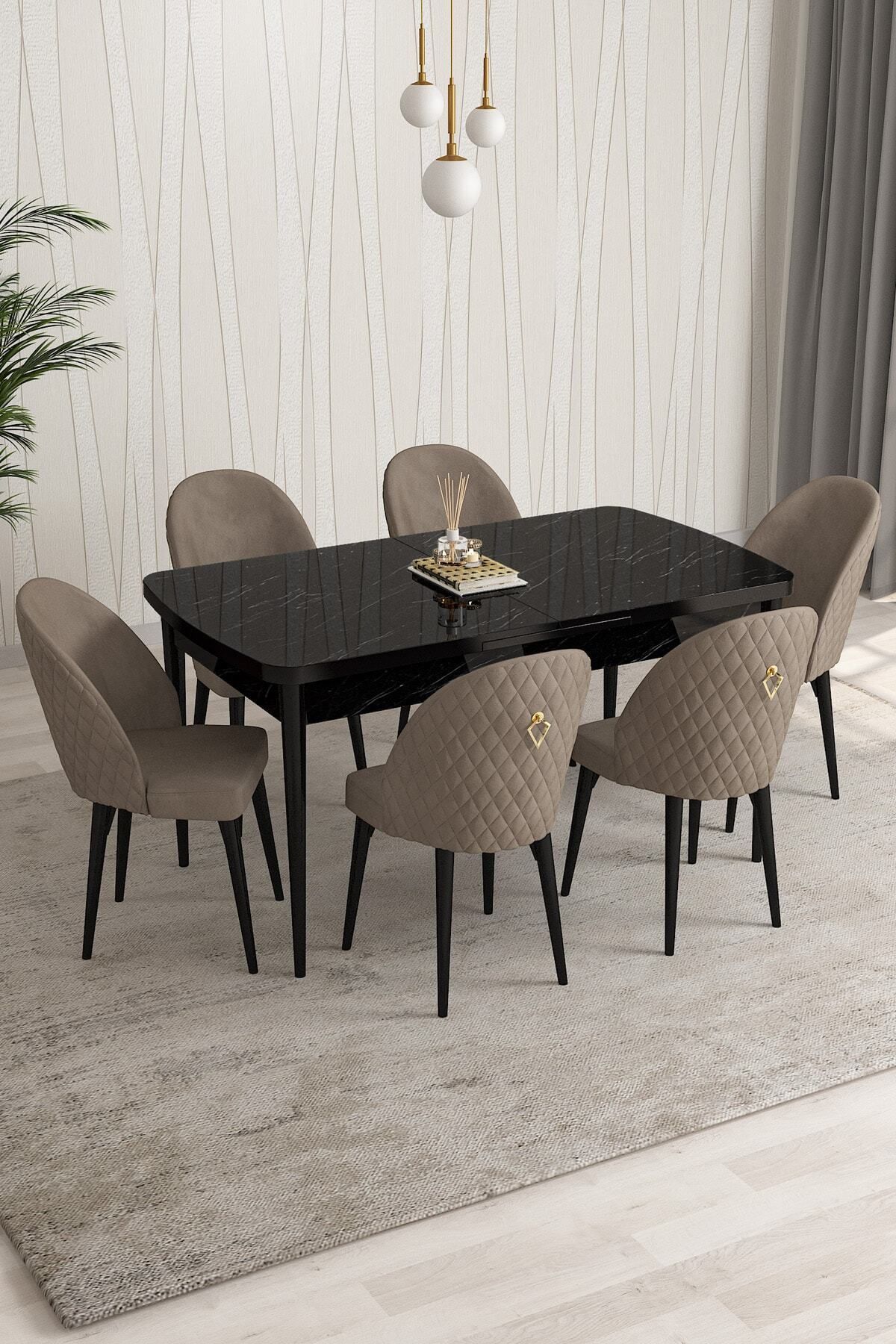 Aleksa Siyah Mermer Desen 80x132 Mdf Açılabilir Mutfak Masası Takımı 6 Adet Sandalye