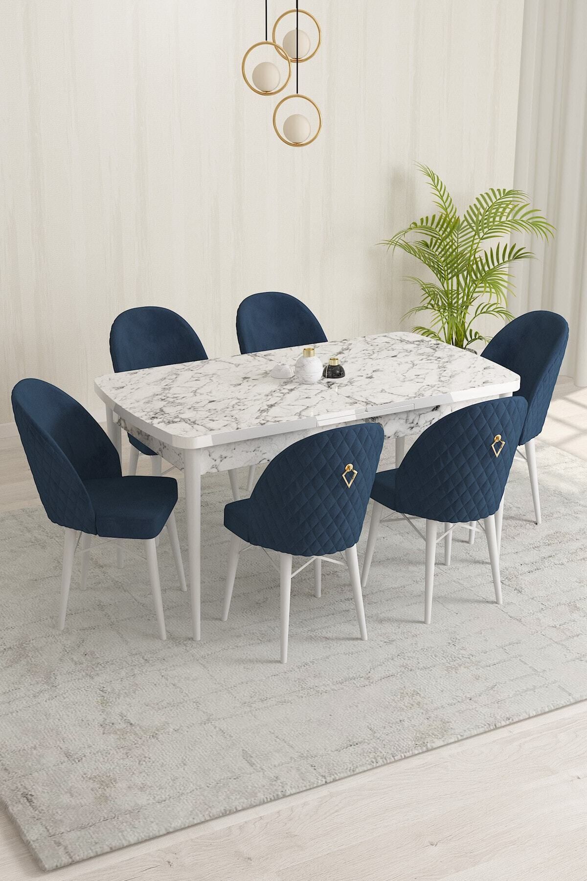 violeta Beyaz Mermer Desen 80x132 Mdf Açılabilir Yemek Masası Takımı 6 Adet Sandalye