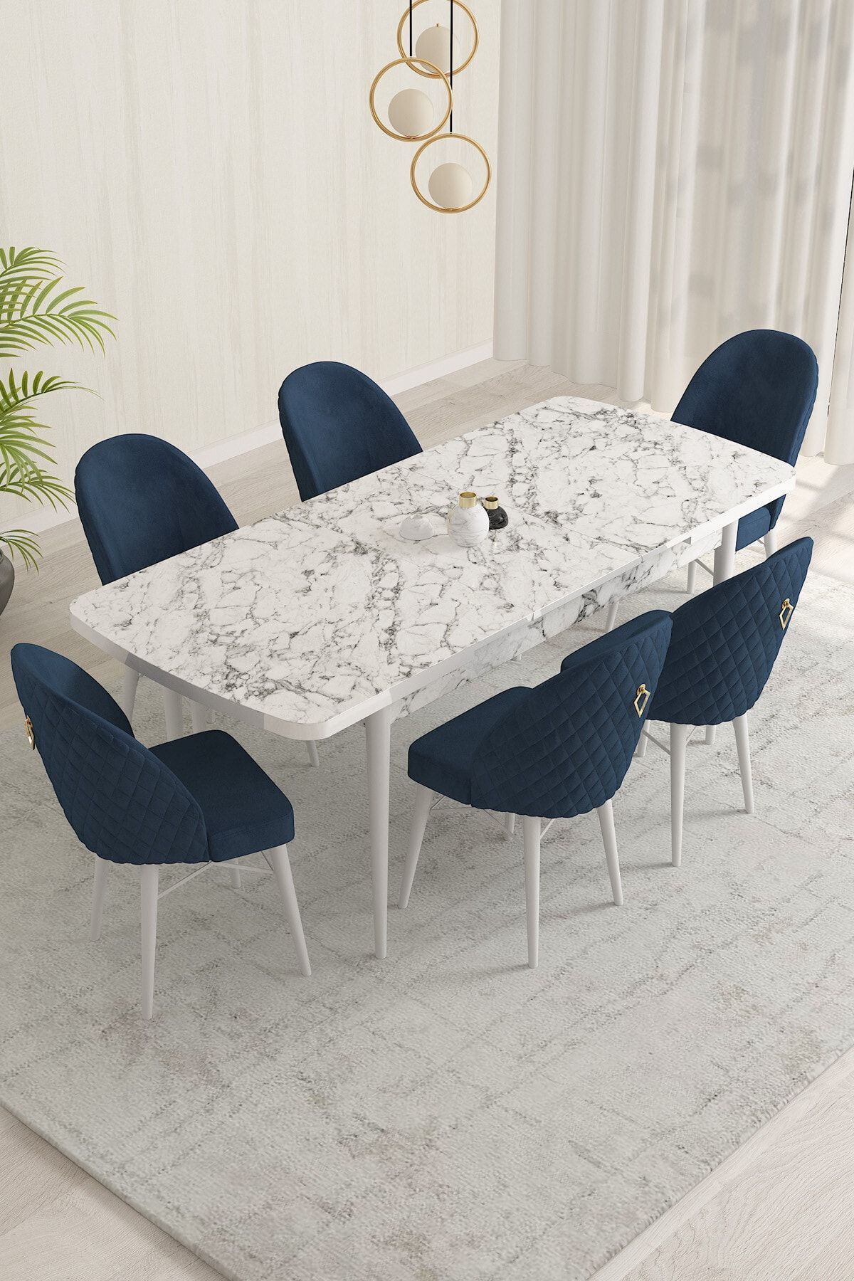 violeta Beyaz Mermer Desen 80x132 Mdf Açılabilir Mutfak Masası Takımı 6 Adet Sandalye-1