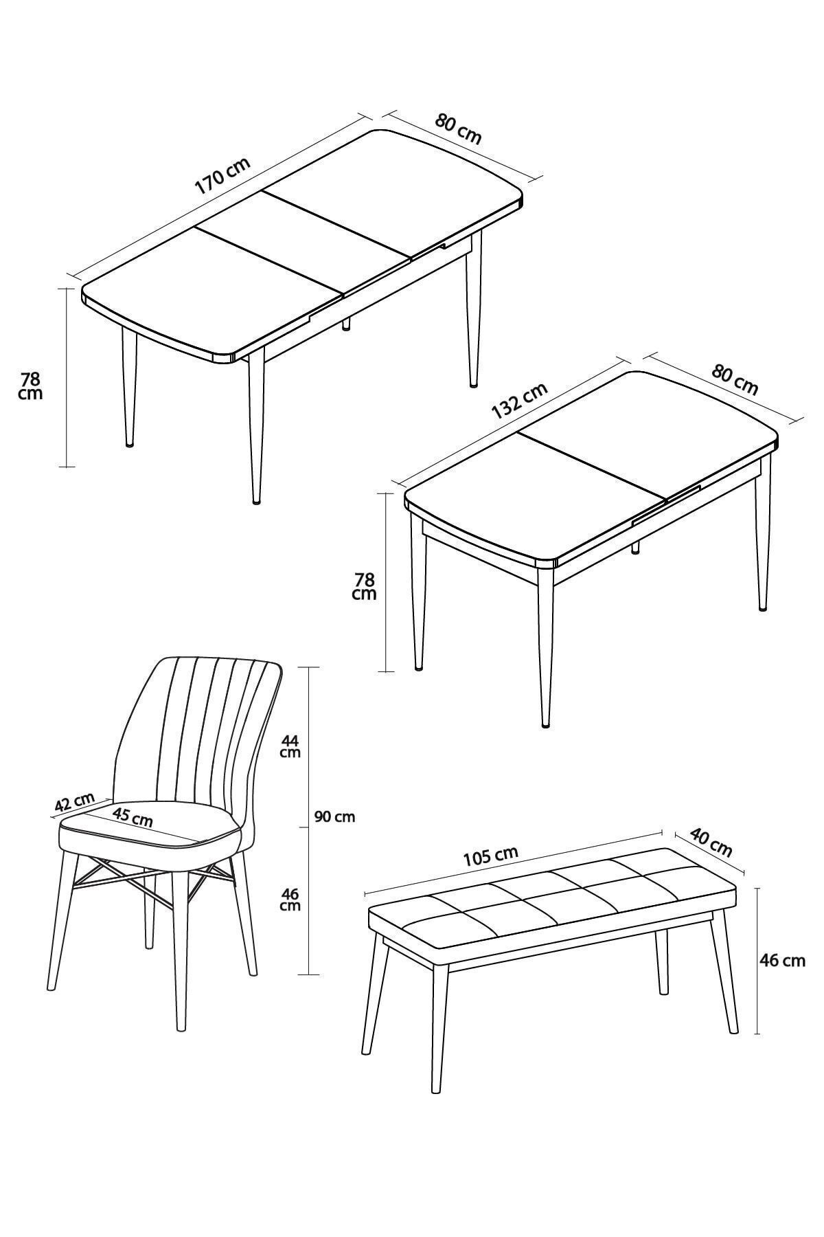 Vien Beyaz Mermer Desen 80x132 Mdf Açılabilir Yemek Masası Takımı 4 Sandalye, 1 Bench-4