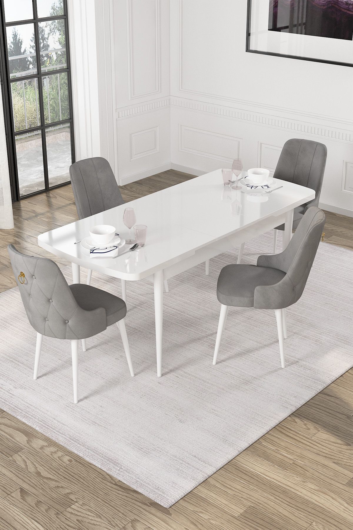 Evan Beyaz 80x132 Açılabilir Mutfak Masası Takımı 4 Adet Sandalye-1