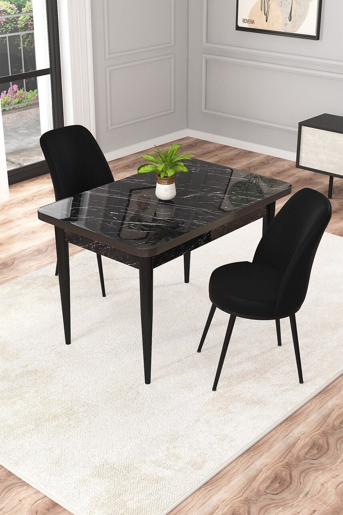 Ema Siyah Mermer Desen 70x110 Mdf Sabit Yemek Masası Takımı 2 Adet Sandalye-0