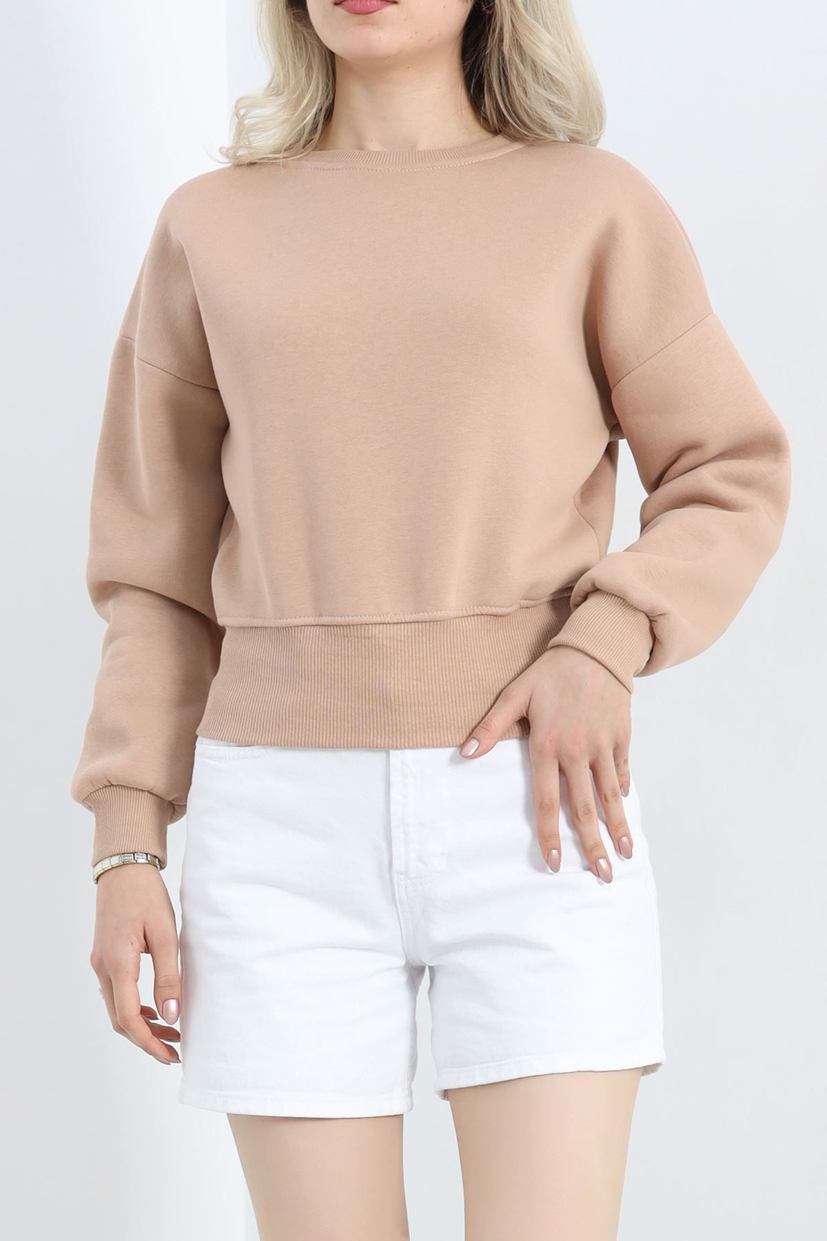 MOD10 Bisiklet Yaka 3 İplik Crop Sweat Bej