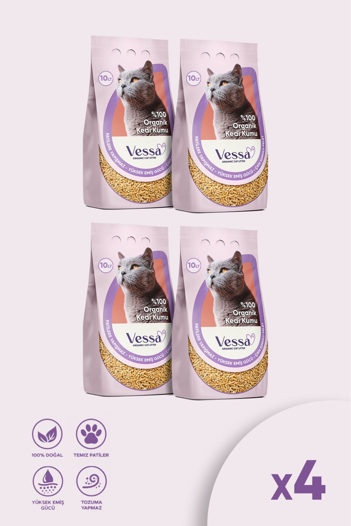 VESSA Kedi Kumu %100 Organik Doğal Çam Kokulu Pelet 4'lü Paket 10 Lt