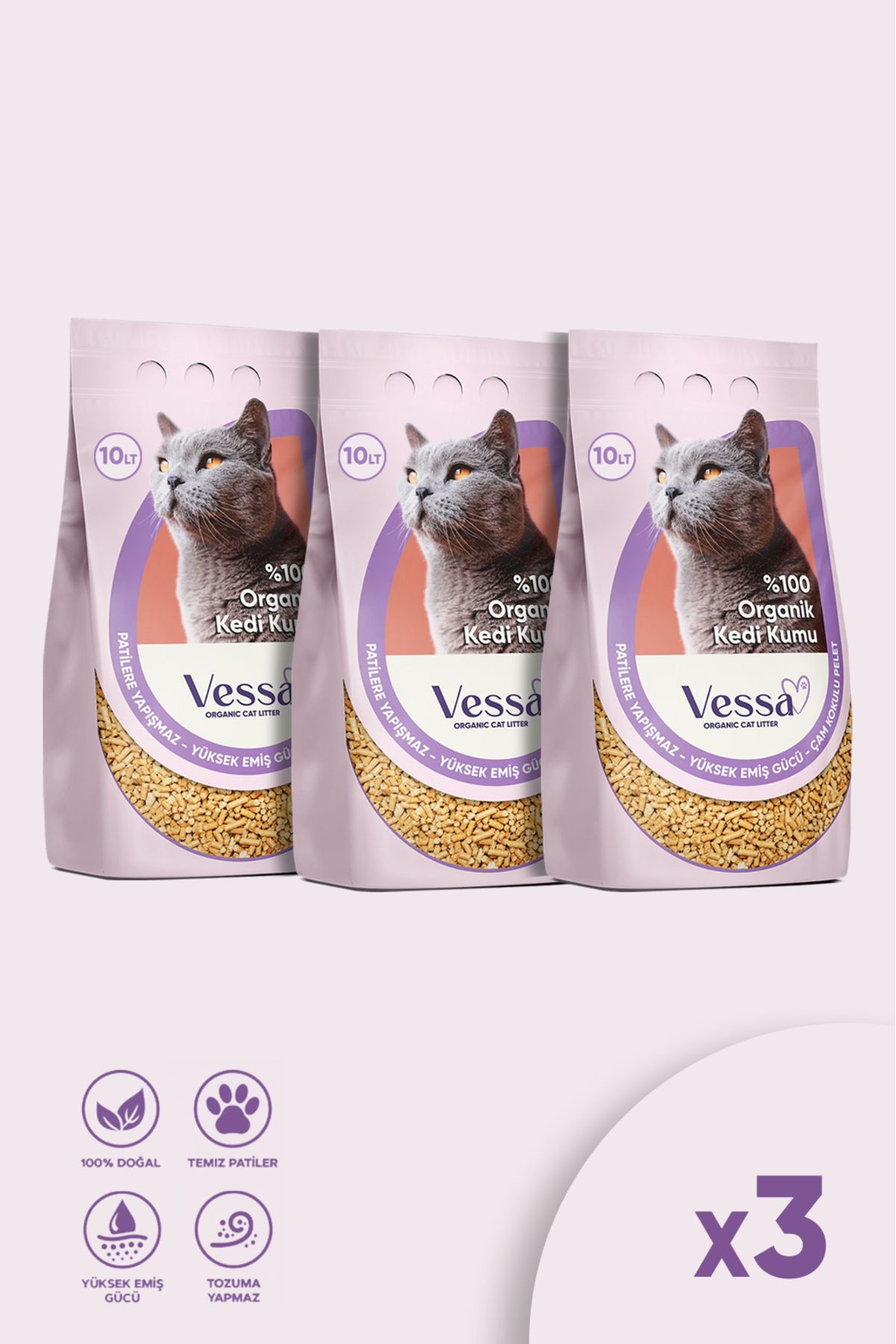 VESSA Kedi Kumu %100 Organik Doğal Çam Kokulu Pelet 3'lü Paket 10 Lt