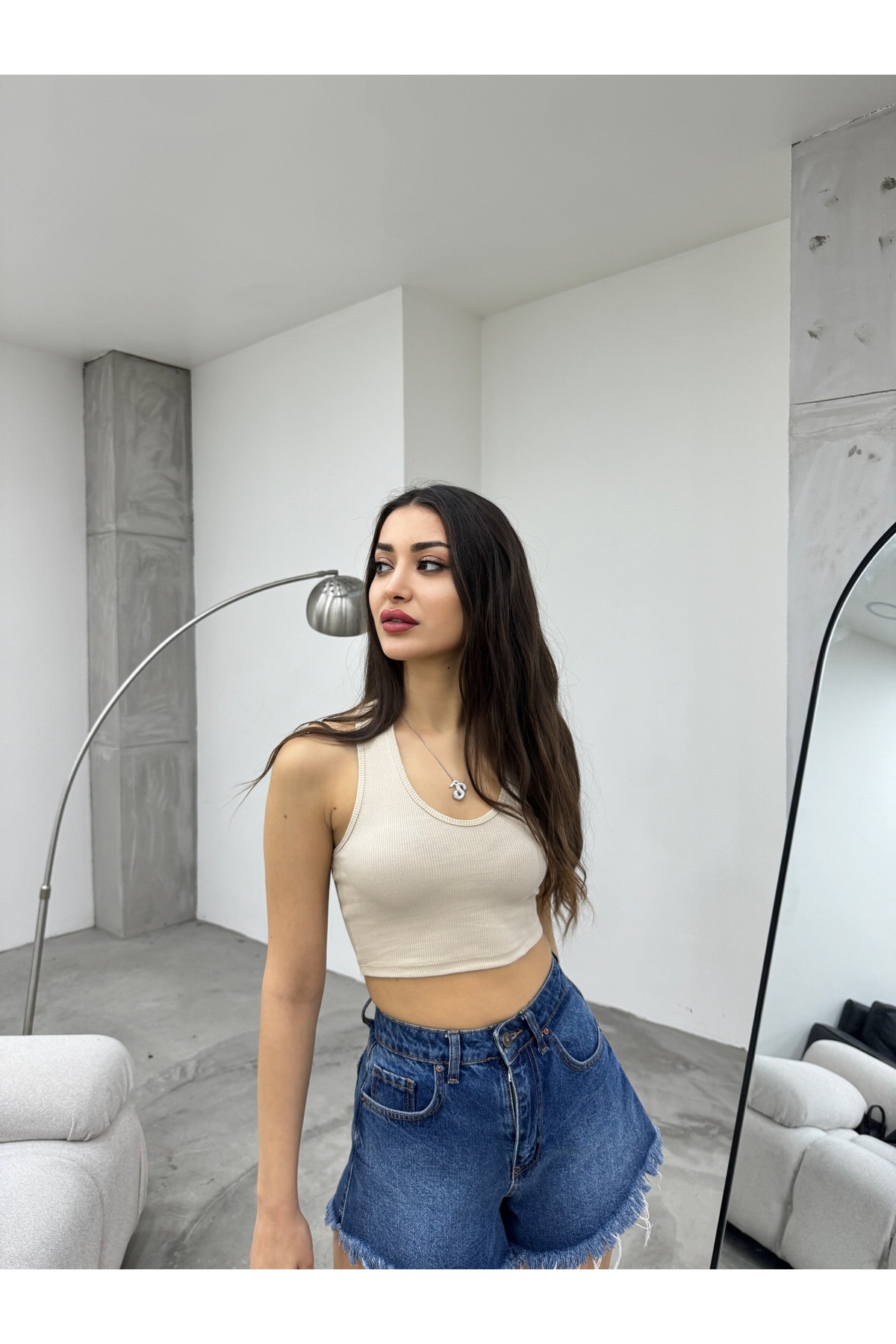 Kadın Oval Yaka Pamuklu fitilli Kaşkorse Crop Atlet Krem 5